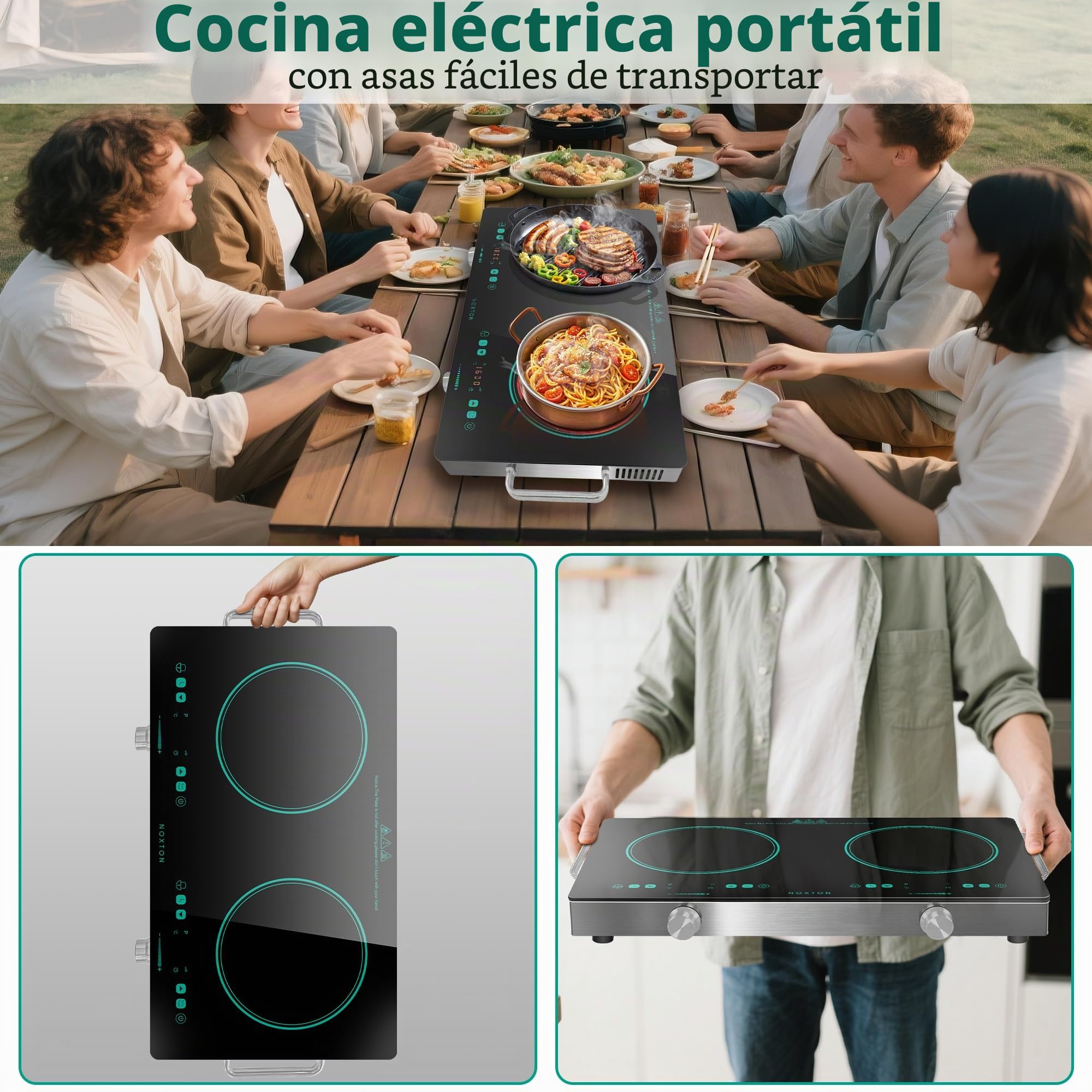 Placa Vitrocerámica Portátil, 2 Fuegos, con Mango y Enchufe,Control Táctil | NOXTON 30 cm, Césped Borde Verde, control táctil y por mando, temporizador, bloqueo para niños, 3200W, 9 niveles de potencia