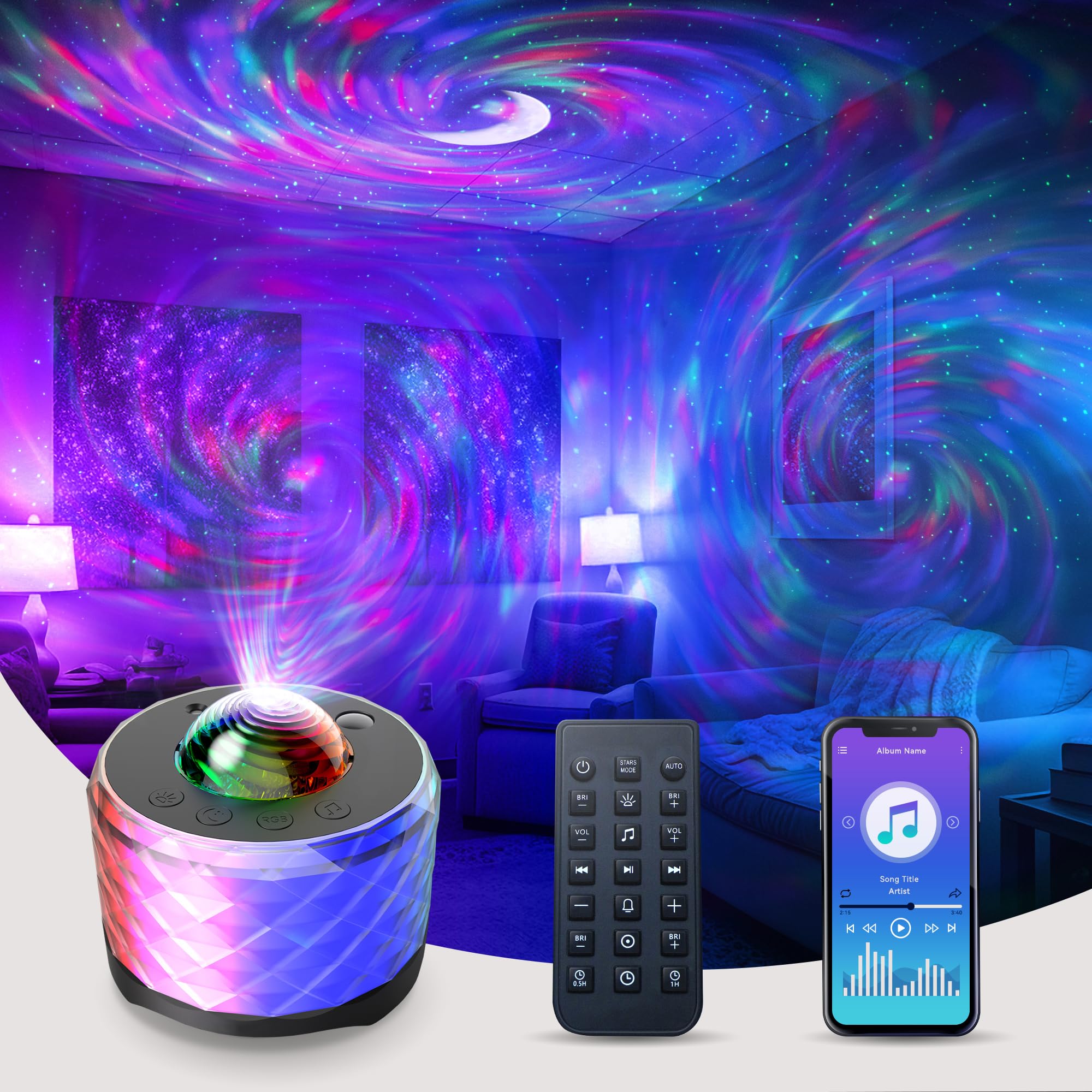 Proiettore Galaxy, 3 in 1 RGB Musica Aurora, luce notturna con altoparlante Bluetooth e rumore bianco, timer, per bambini, adulti, decorazioni per la casa (BLACK-NEW)