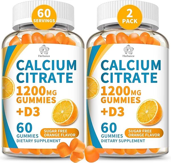 (2 Pack) Calcium Citrate 1200 mg Gummies with Vitamin D3, High Absorption Calcium Supplements for Women & Men, Sugar Free, Non-GMO, Gluten Free, Supports Muscle & Immune - Orange Flavor