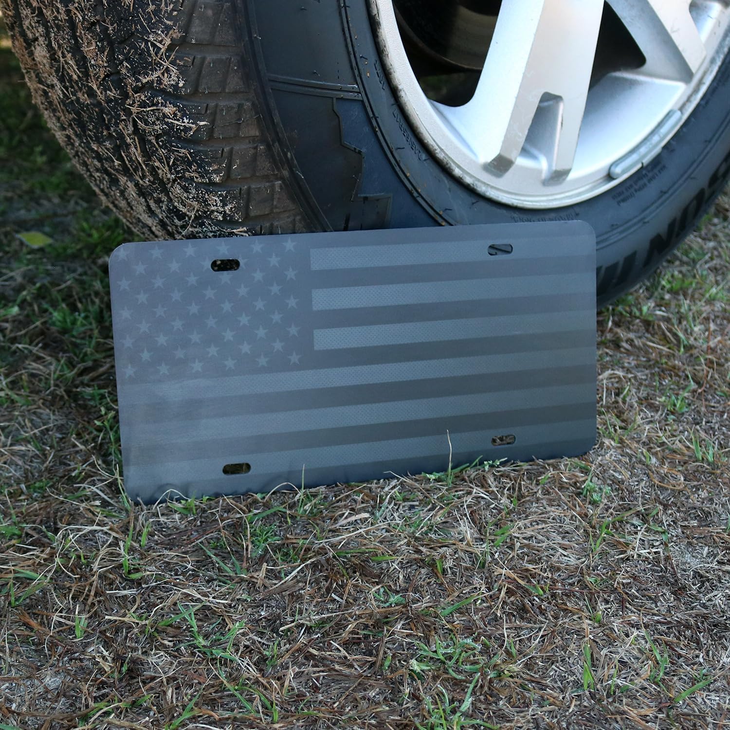 Not Made in China Almost Invisible Hidden American Flag License Plate Matte Black on 1/8" Black Aluminum Composite Heavy Duty Tactical USA Car Tag