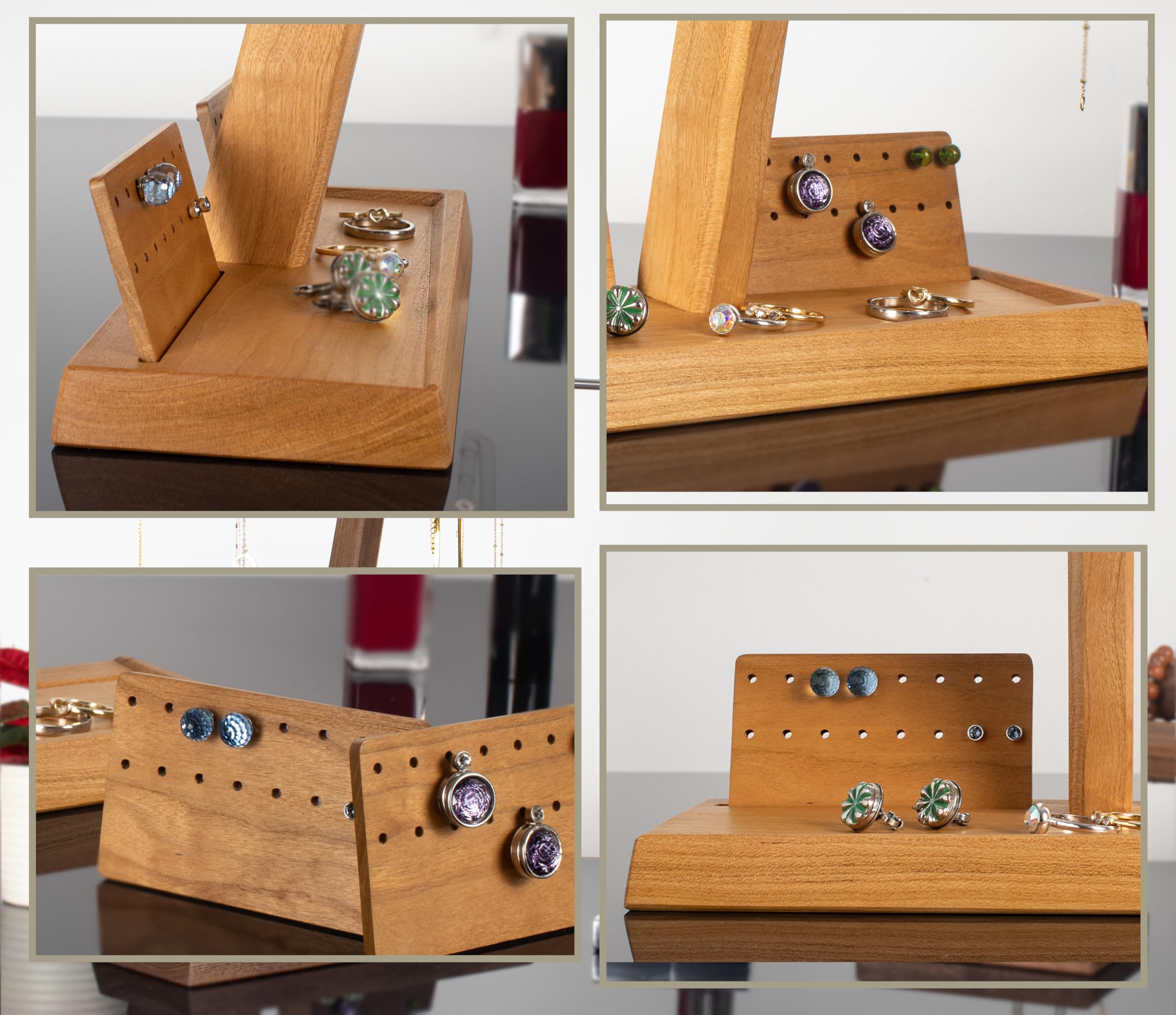 Wood and Steel Design - Schmuckhalter für Ketten, Ringe, Ohrringe, Ketten, Halsketten und Armbänder, 4 Ebenen, Kirschbaum Massivholz/Edelstahl