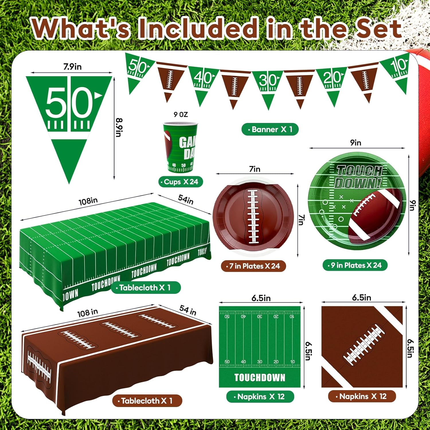 Football Party Decorations Kit for 24 Guests - 99Pcs Tableware with Dinner Plates, Dessert Plates, Cups, Napkins, Tablecloth & Banner, Supplies and Favors for Birthday, Tailgate, Game Day (Football) - Image 2