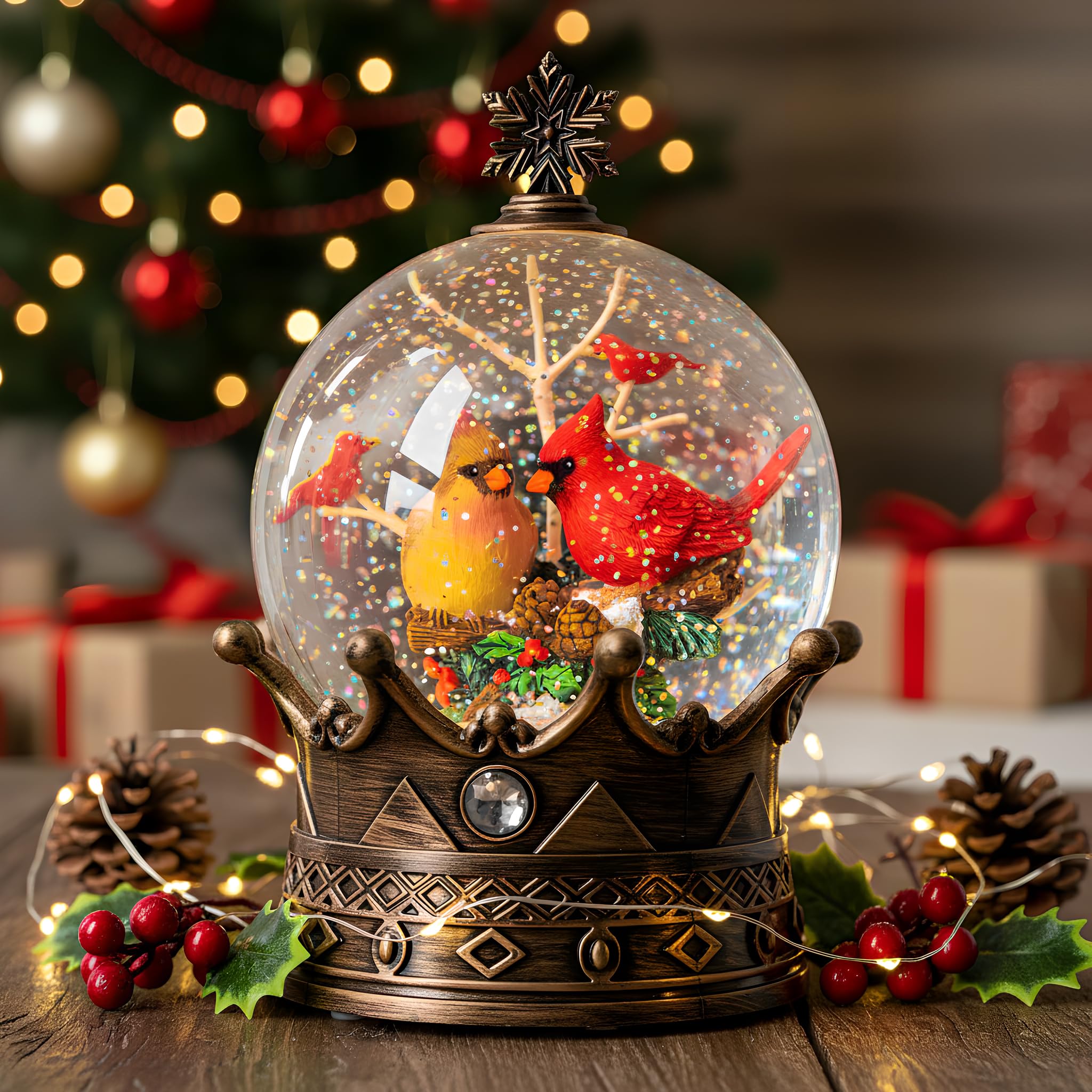Cardinal Christmas Snow Globe, Lighted 2 Cardinal Musical Water Lantern with Swirling Glitter, Christmas Holiday Party Gifts and Decorations