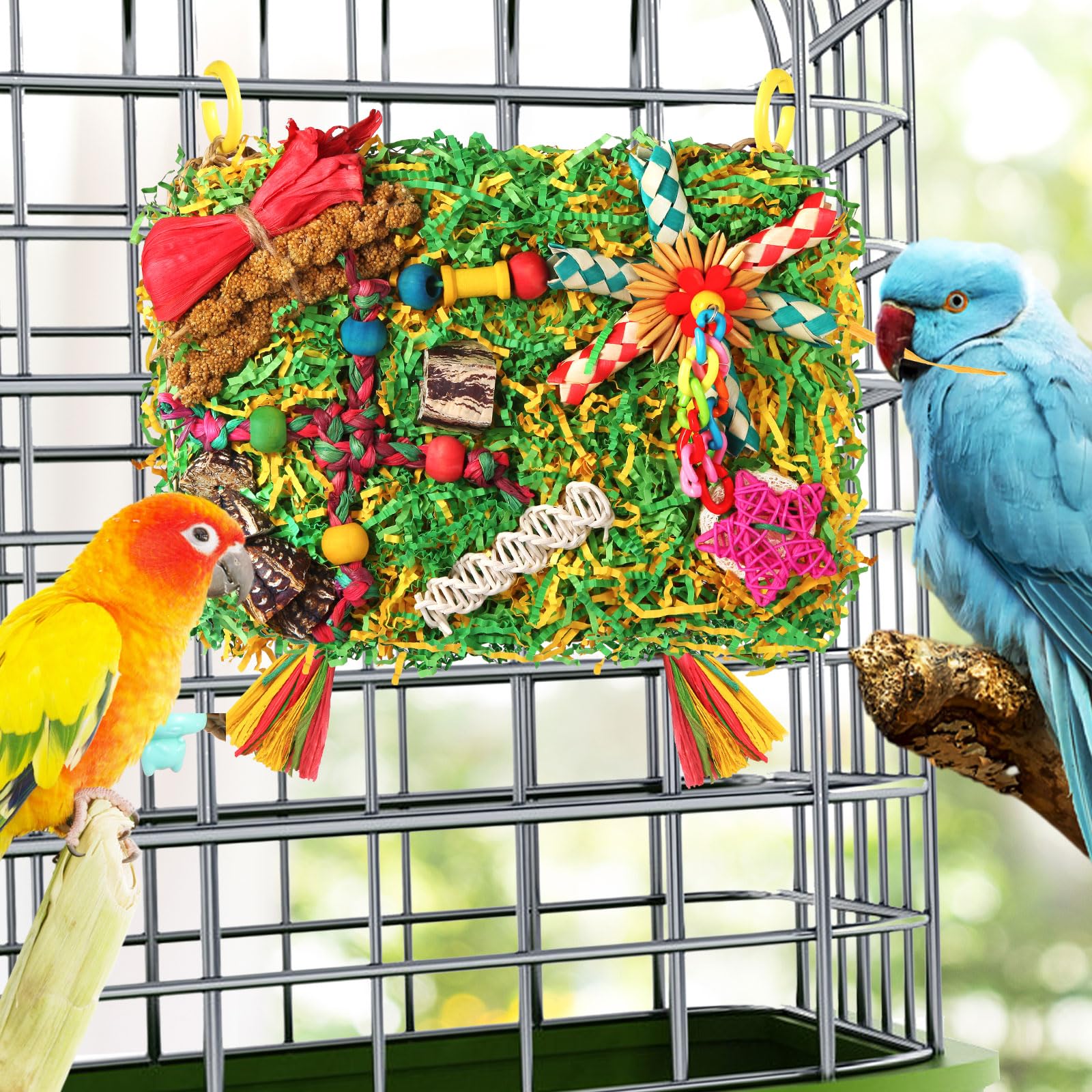 Bird Toys Parakeet Toys,Large-Sized Parrot Foraging & Shredding Cage Hanging Toys with Seagrass Mat for Budgies,Cockatiels,Lovebirds,Conures Small & Medium Parrots (Colorful with Starfruit (1PCS)) - image 6