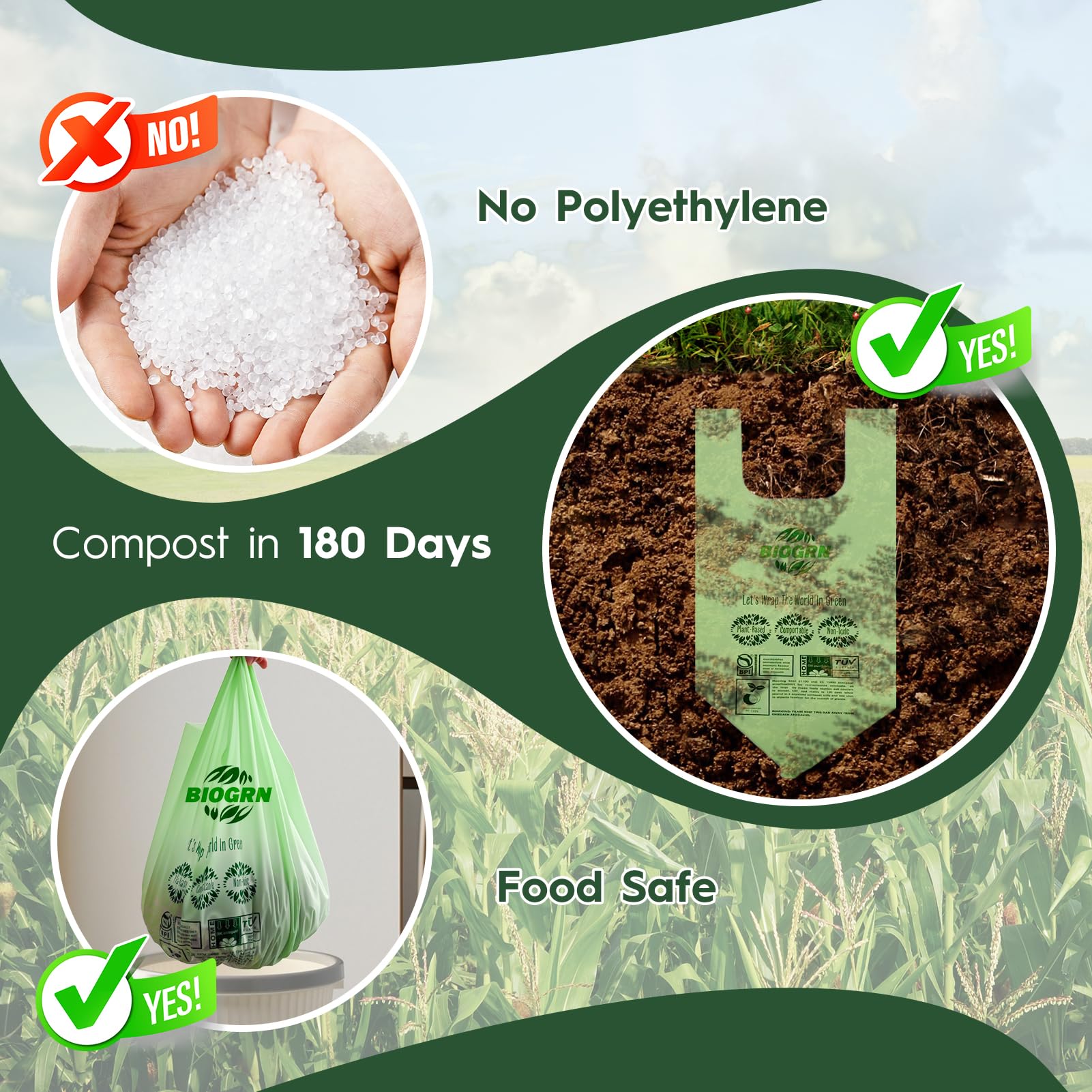 Bolsas de basura compostables de 1.6 galones con asas, 0.6 mil, 6.06 litros, 50 unidades, pequeñas bolsas de residuos de alimentos de cocina, ASTM D6400, US BPI y OK Compost Home Certified