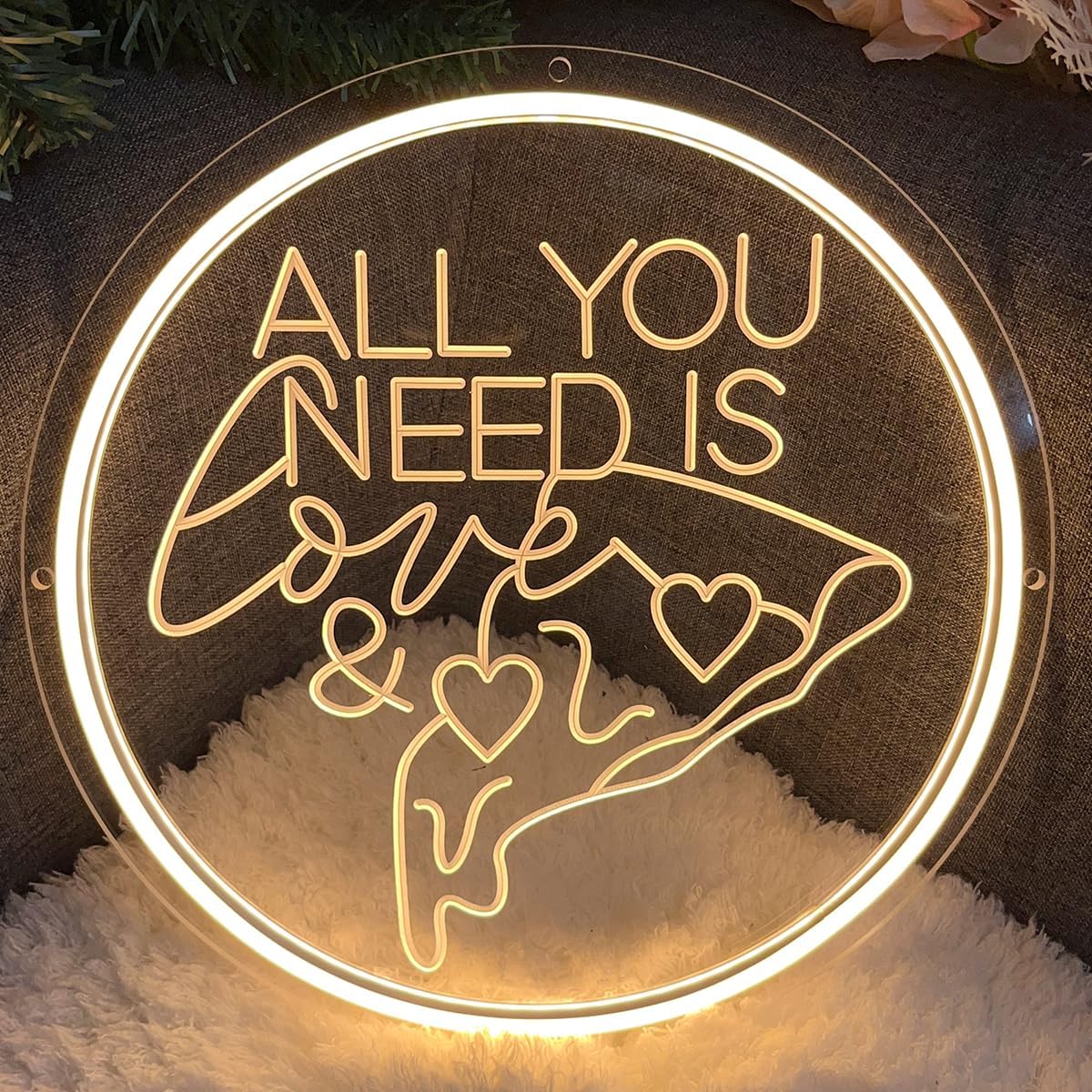 All You Need Is Love &Pizza Neon Sign For Wall Decor 3D Art Carving Design Indoor Bedroom Led Neon Signs Backdrop Flex Christmas Party Business Room Shop Window Birthday Gift(Warm White,USB,30×30CM)