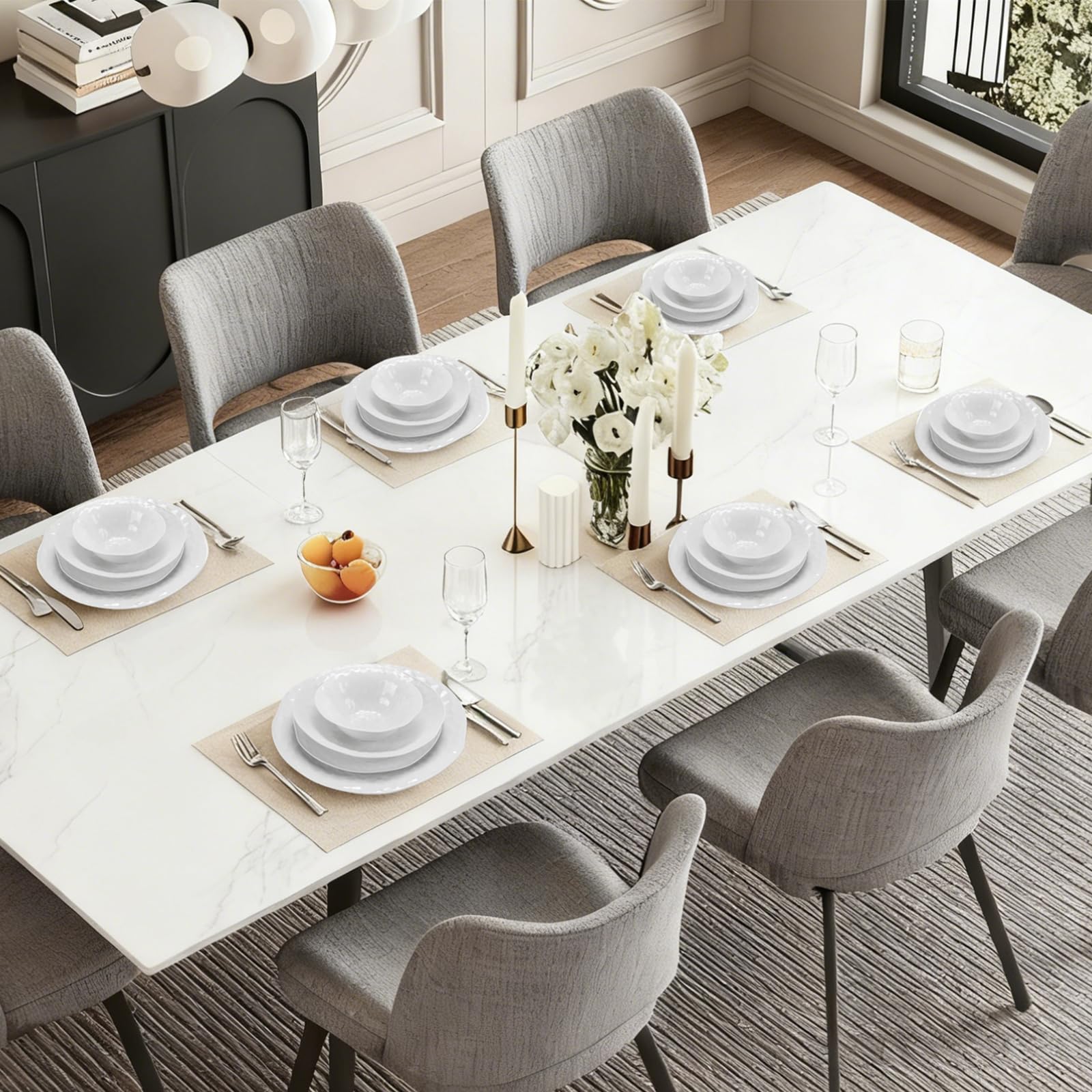 Geschirrset 24-teilig für 6 Personen, Porzellan,Gitterförmig | Dinner set, Tafelservice, Je 6 Speiseteller, Dessertteller, Müslischalen, Salatschüssel, Teller set, Kombiservice 6 personen