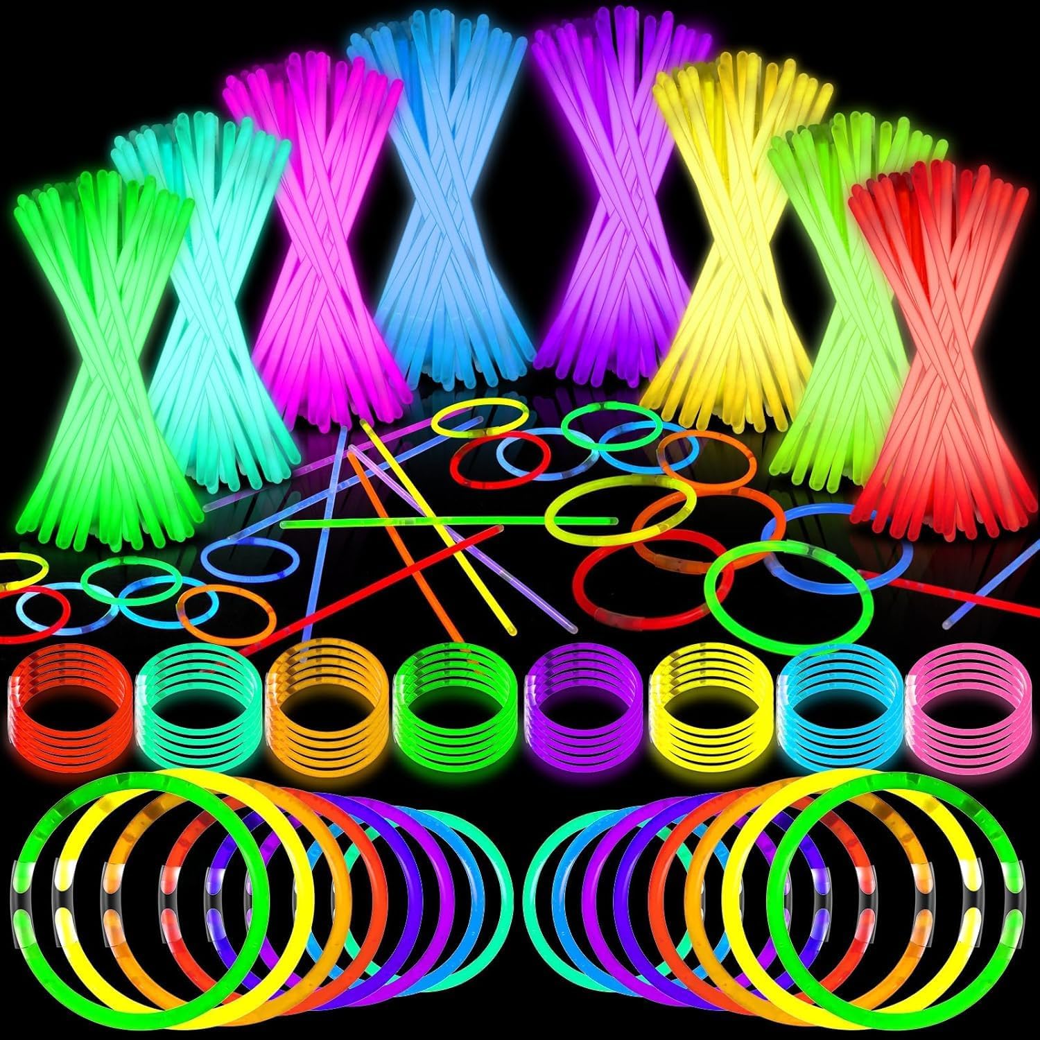 DELEE 200PCS Glow Sticks, Glowsticks Party Packs, Christmas Party Bag Fillers with Bracelet Connectors,Glow Neon Necklaces for Kids Dark Party Supplies,Wedding,Festival,Halloween Decoration