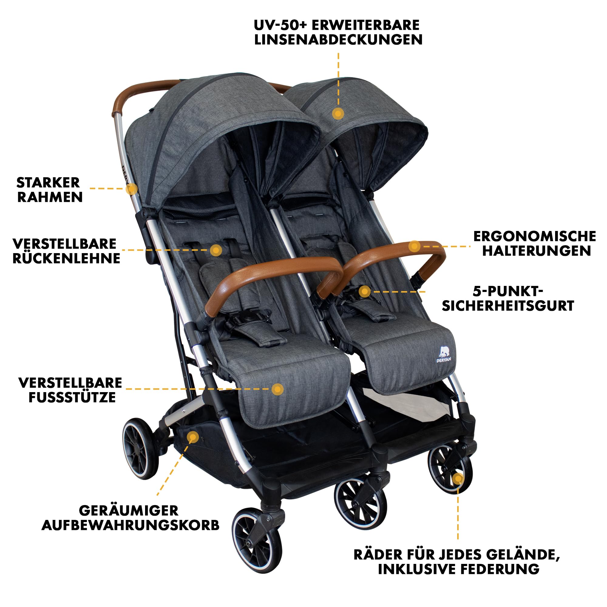 Deryan Rolo X2 Kinderwagen Buggy 2 in 1 - Buggy klein zusammenklappbar - Geburt bis 4 Jahre - Baby Wagen pro Sitz belastbar bis 22kg - Kinderbuggy klappbar - KOMPAKT & FALTBAR - Grau