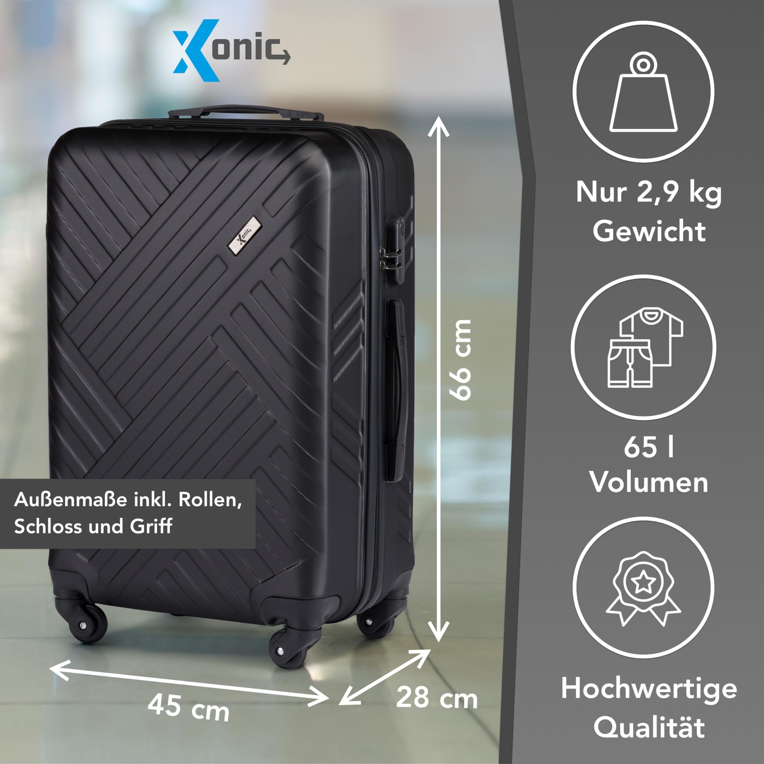 Xonic Design Reisekoffer ABS Hartschalen Trolley 360° Leichtlauf-Rollen Zahlenschloss Tiefschwarz L