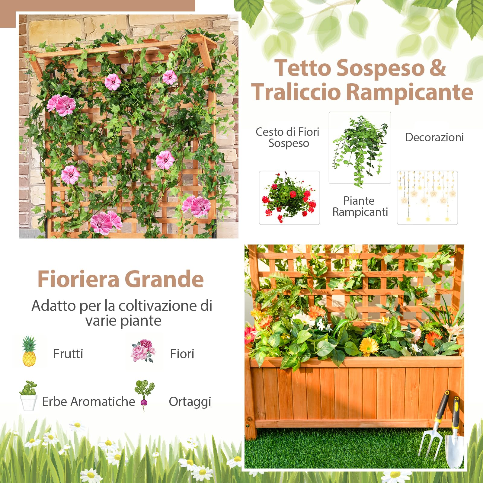 COSTWAY Fioriera da Esterno con Grigliato e Tettuccio, Fioriera in Legno da Interno Esterno con Fori di Scarico, Vaso con Spalliera per Piante Rampicanti Viti Fiori