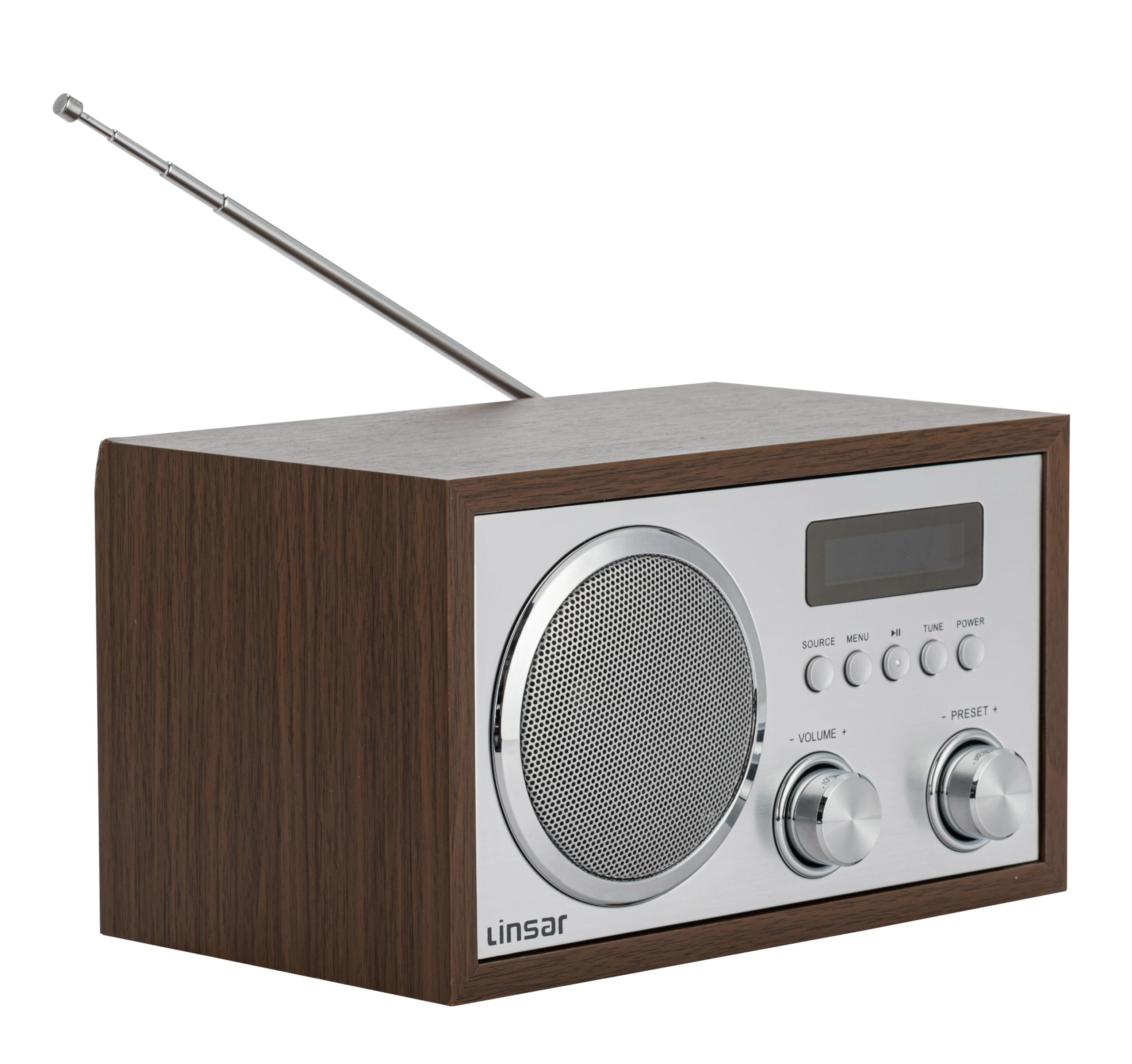 Linsar Radio nostalgica in legno con sintonizzazione digitale FM/DAB, porta USB, BT wireless, altoparlante mono, AUX-IN, cuffie, display LCD