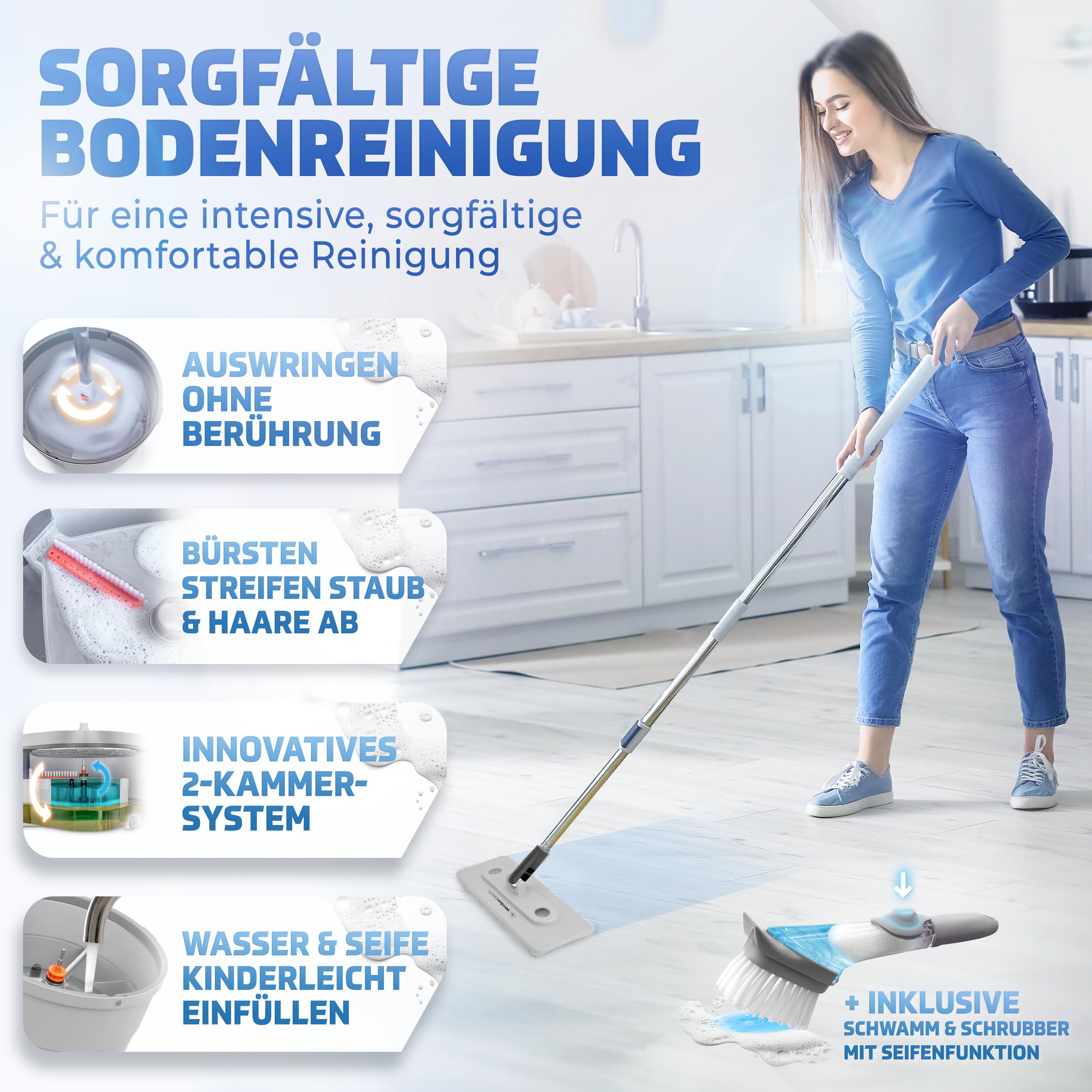 Weidenbach Juego de fregona con cubo XL, sistema de 2 cámaras para una separación limpia de la suciedad y el agua dulce, mopa para una limpieza eficiente, función de escurridor (gris XL)