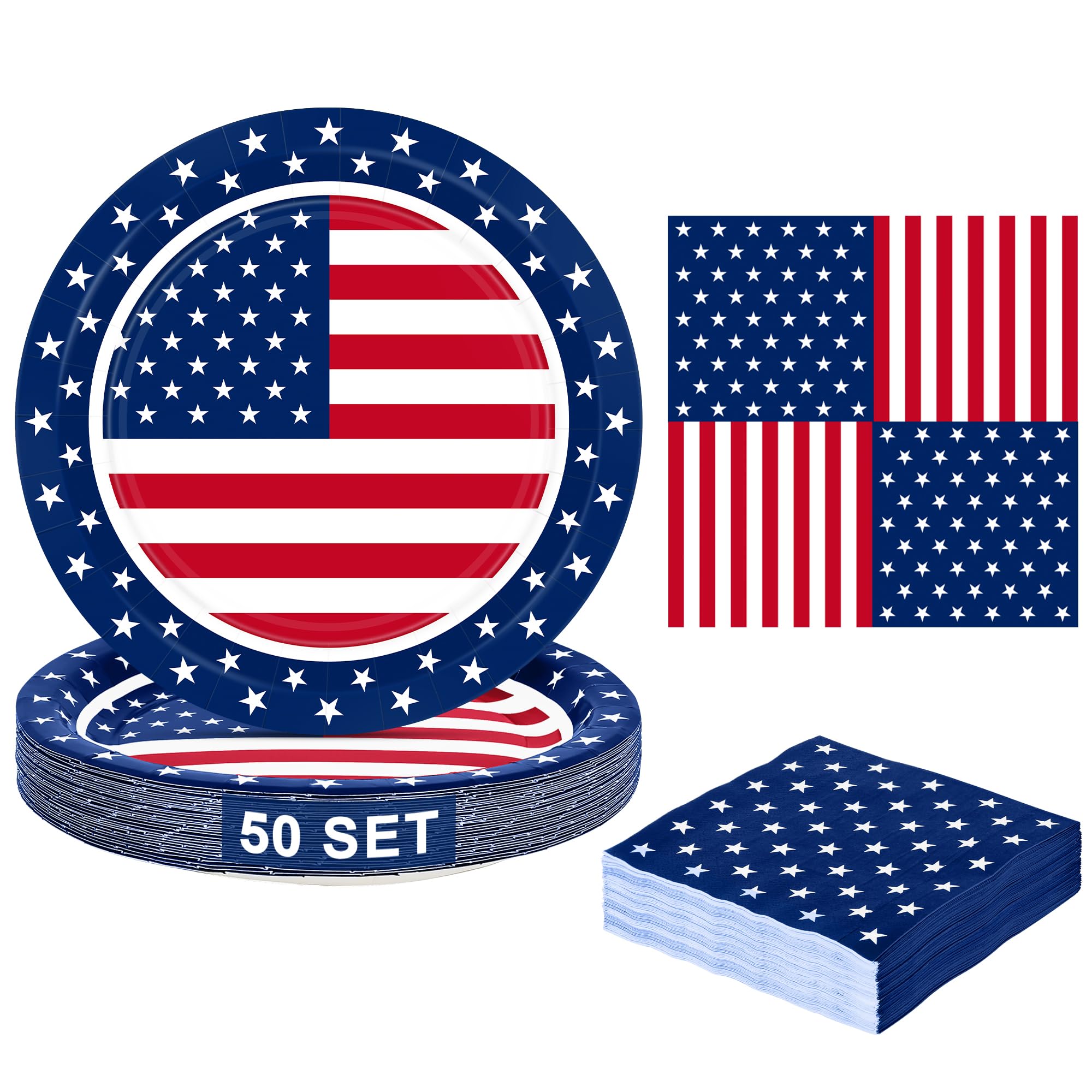 QZYL 50 SET 4th of July Plates and Napkins Sets, 9 IN Fourth of July Paper Plates, Disposable American Flag Plate and Napkin, Red White Blue Patriotic