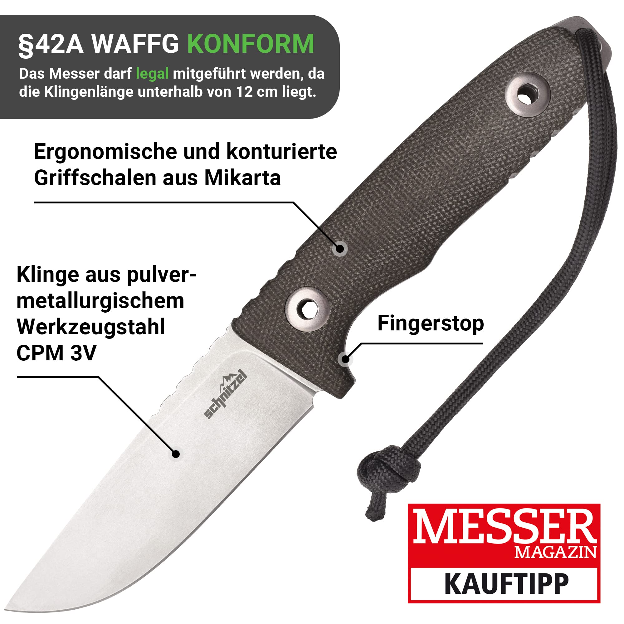 SCHNITZEL TRI Outdoormesser - Special Edition - Sonderedition, Full-Tang | Feststehendes Messer mit ca. 10,4 cm langer Klinge aus CPM 3V Stahl, Micarta Griff, Kydex Scheide mit Dangler-Tragesystem