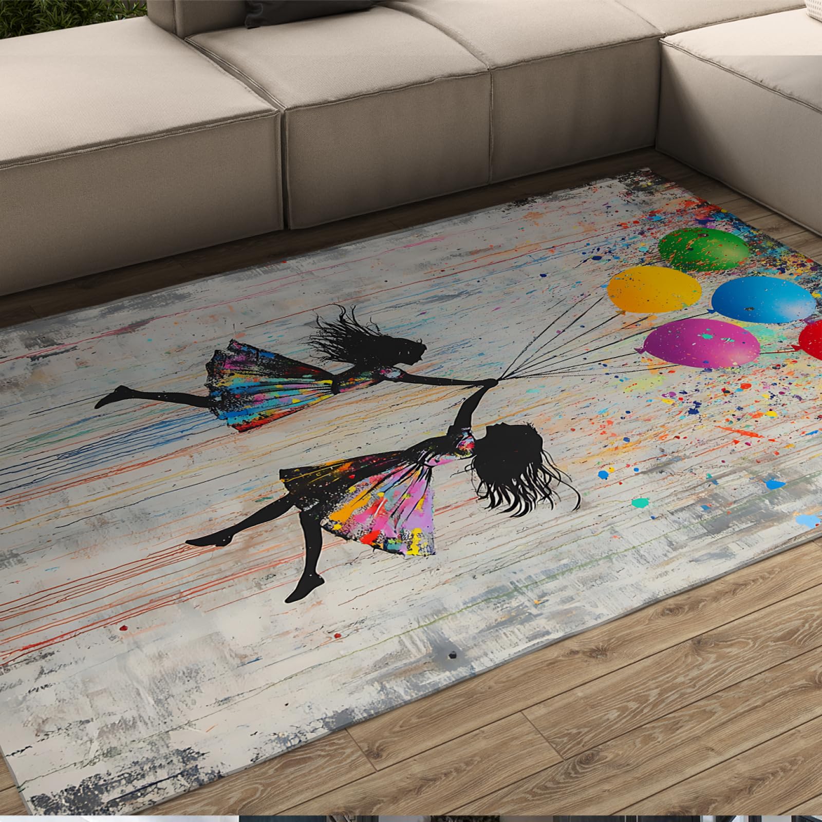 Tapis graffiti ballons colorés 150x210cm lavable pour décorer un salon ou studio