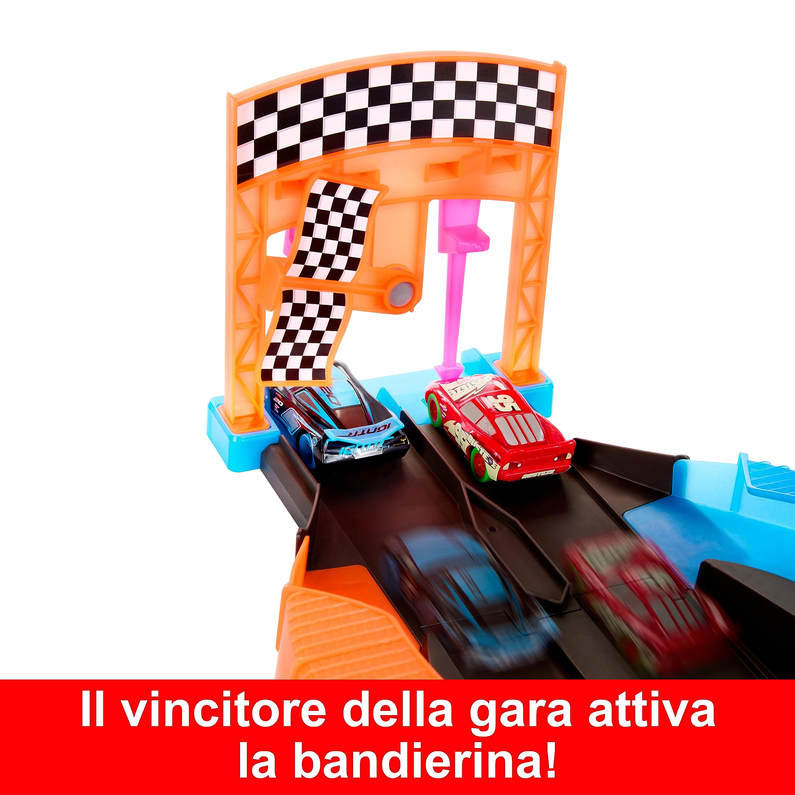 Mattel Disney Pixar CARS - Pista Fluo Incrociata, playset con pista e due macchinine che brillano al buio, include Saetta McQueen e Jackson Storm, giocattolo per bambini, 4+ anni, HPD80