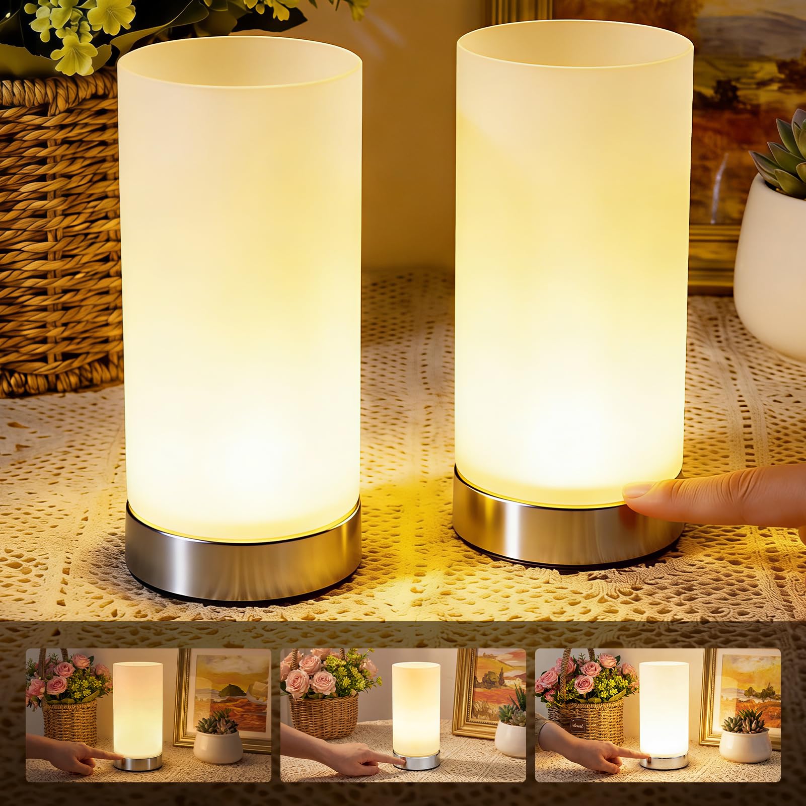 Warmiehomy Touch Bedside Lamps Set of 2, 3-Level Dimmable Modern Frosted Glass Table Lamp, USB Rechargeable Small Touch Lamps Bedside Night Light for Bedroom, Living Room (LED Source Included)
