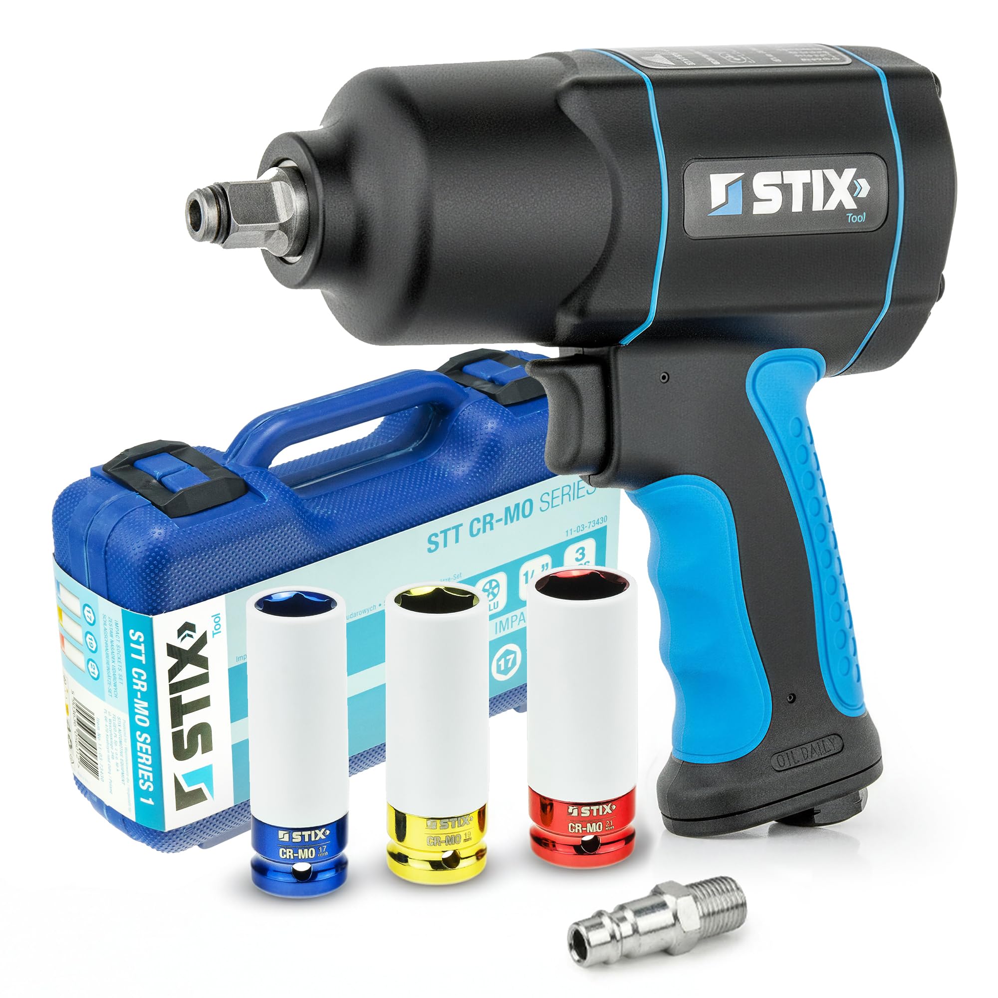 Stix STT-17 pneumatyczna wkrętarka udarowa 1700 Nm 1/2" 3 klucze nasadowe 19-21 mm – wysokiej jakości zestaw do wymiany opon z mocnym śrubokrętem udarowym i nasadkami CR-MO (CR-MO 17/19/21 mm)