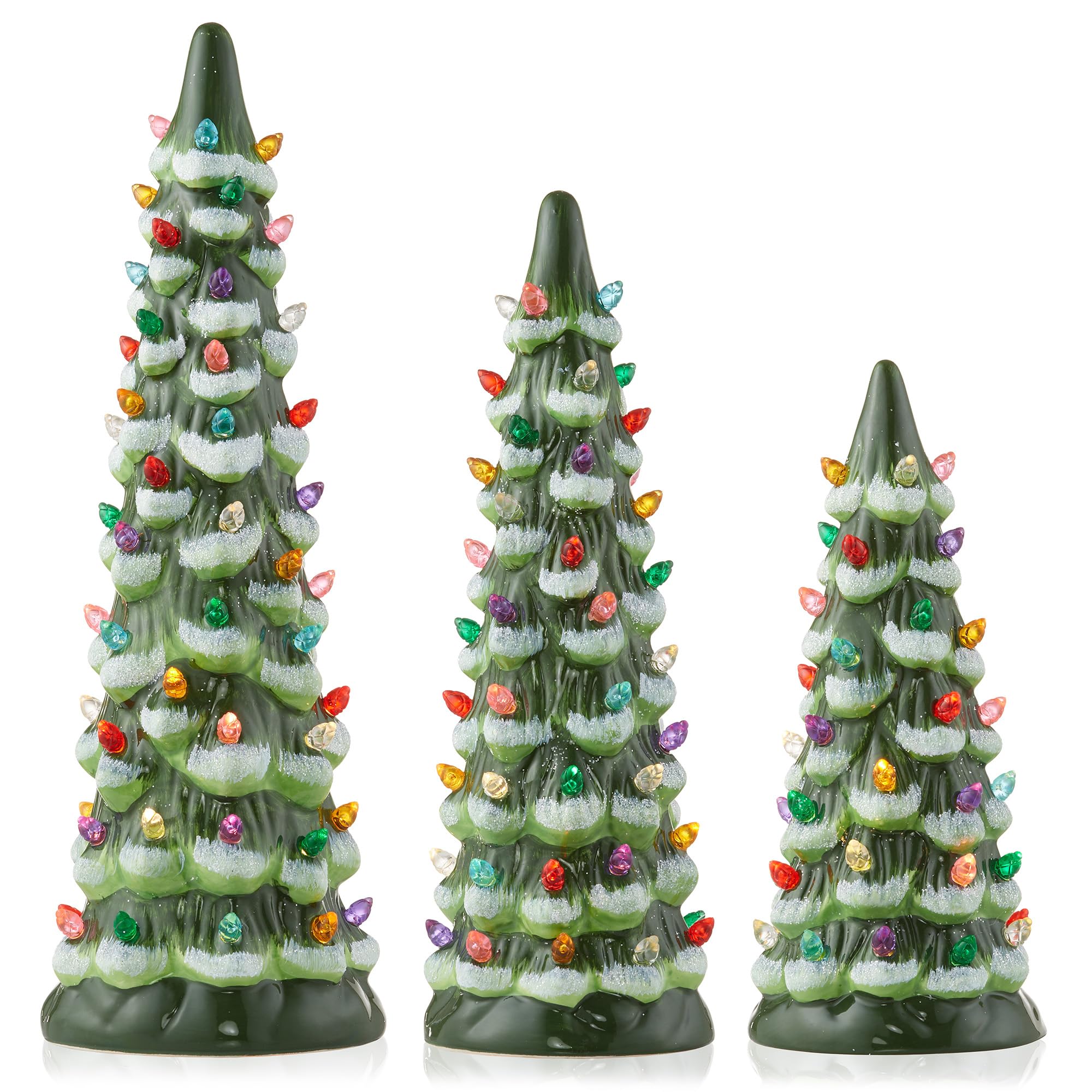 Casafield Lot de 3 sapins de Noël en céramique peints à la main – Vert neige floquée – Arbres pré-éclairés de 20,3 cm, 25,4 cm, 30,5 cm avec lumières multicolores