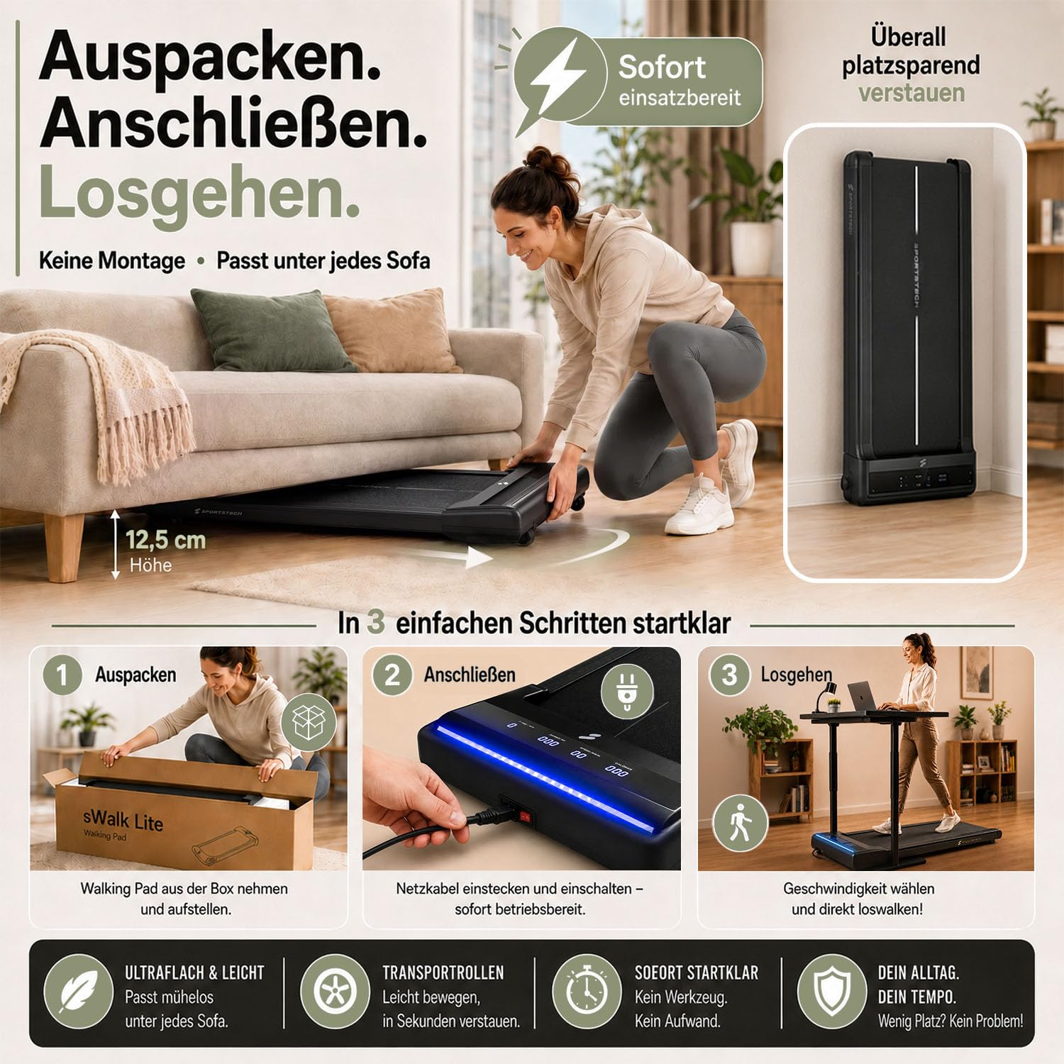 Sportstech sWalk Lite Walking Pad Laufband für Zuhause & Schreibtisch, mit Steigung 6%, bis 6 km/h, LED-Anzeige, App-Steuerung, Fernbedienung, leise, flach & kompakt, für Home Office, bis 150 kg