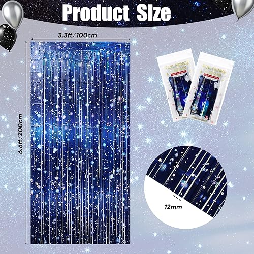 Miniatura 3 de Paquete de 2 cortinas de papel de aluminio espacial con temática de galaxia, cortinas de oropel metálico con flecos, accesorios para fotos impresas