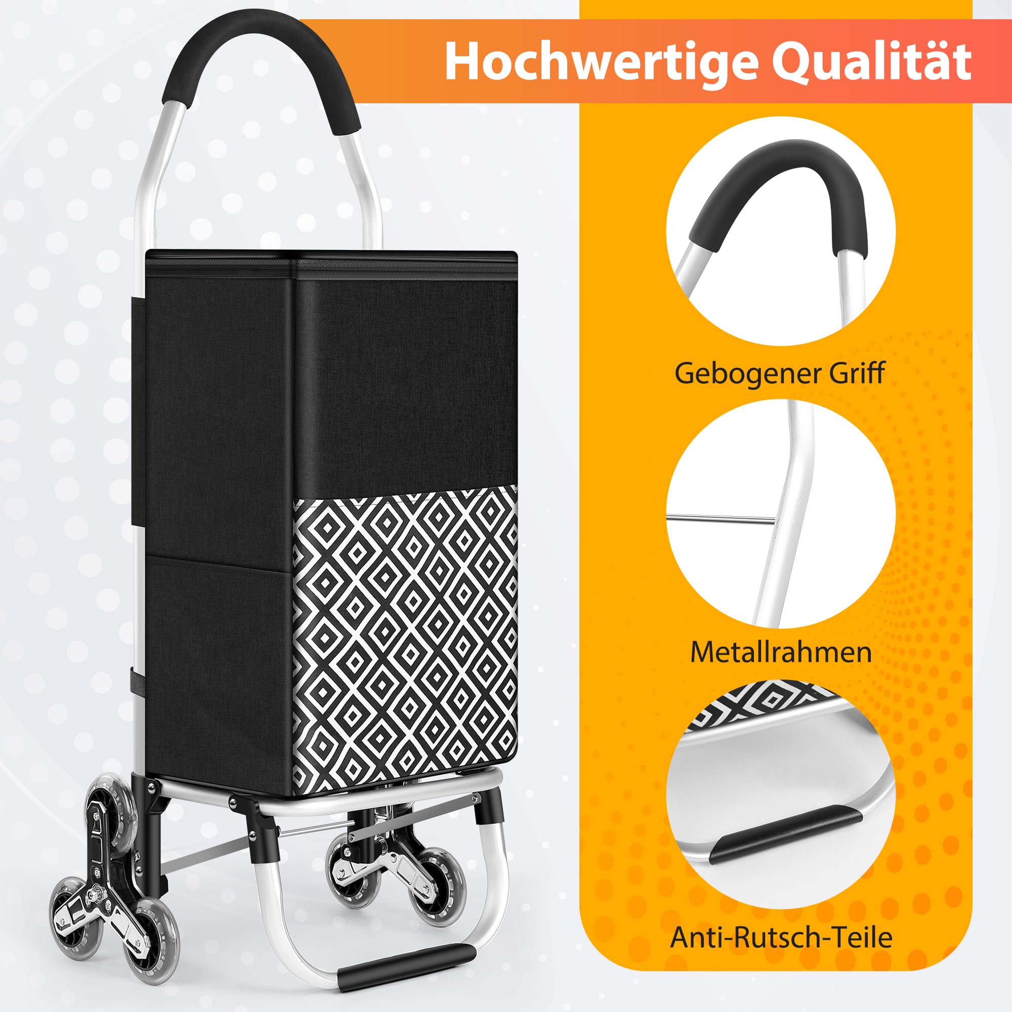 50Liter Einkaufstrolley Treppensteiger & Thermotasche Kühlfach, Shopping Trolley mit Treppenläufer, Moderner Einkaufswagen Faltbar, 6 Rädern Einkaufstasche, Einkaufskorb mit Rollen, Aluminium, Schwarz