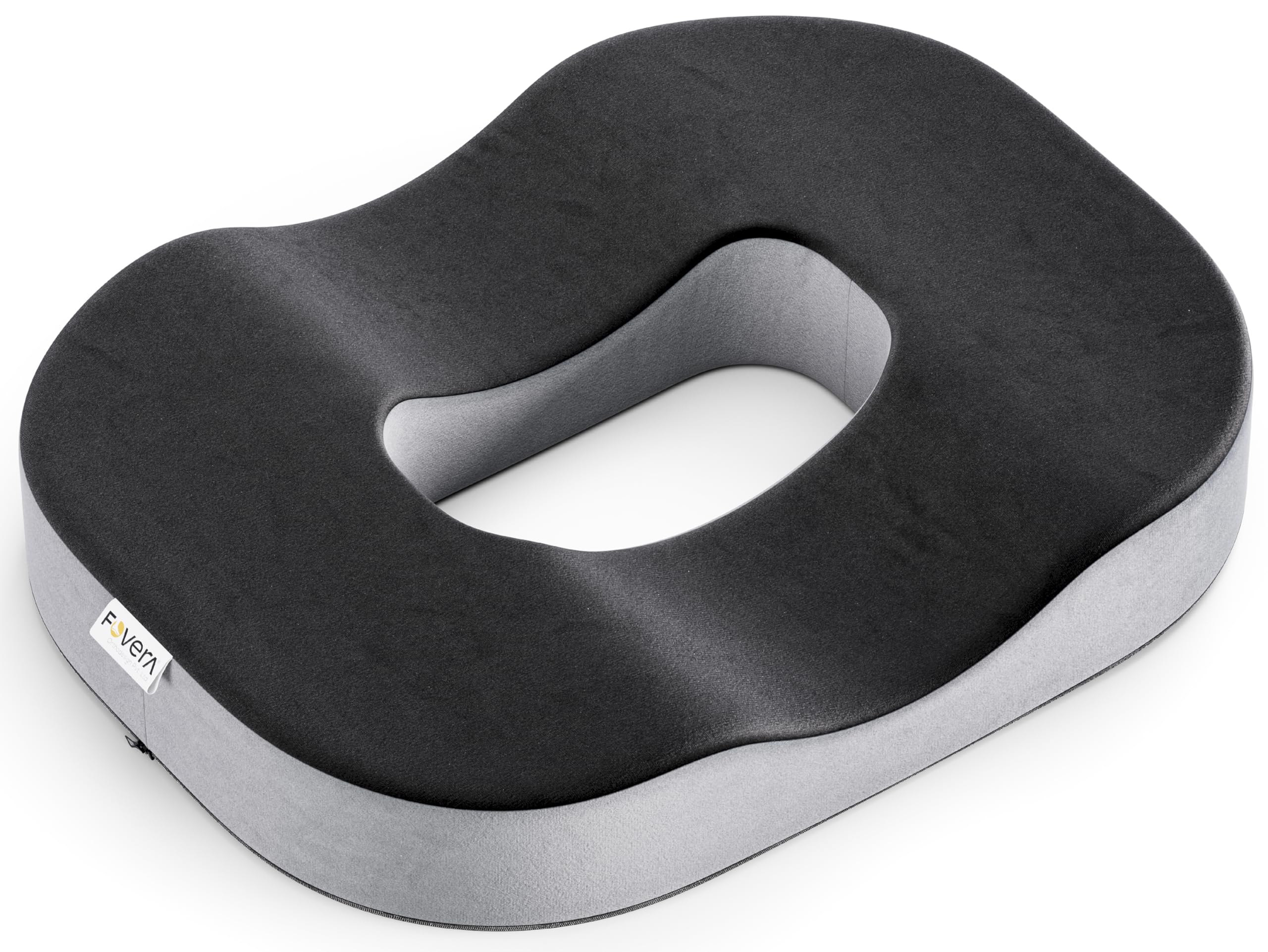 FOVERA Donut Pillow for Piles & Tailbone Pain | 2-Years Warranty | Orthopedic Memory Foam Donut Ring Seat Cushion for Office Chair & Car | Hemorrhoid, Coccyx, Post-Natal Relief (Black & Grey)