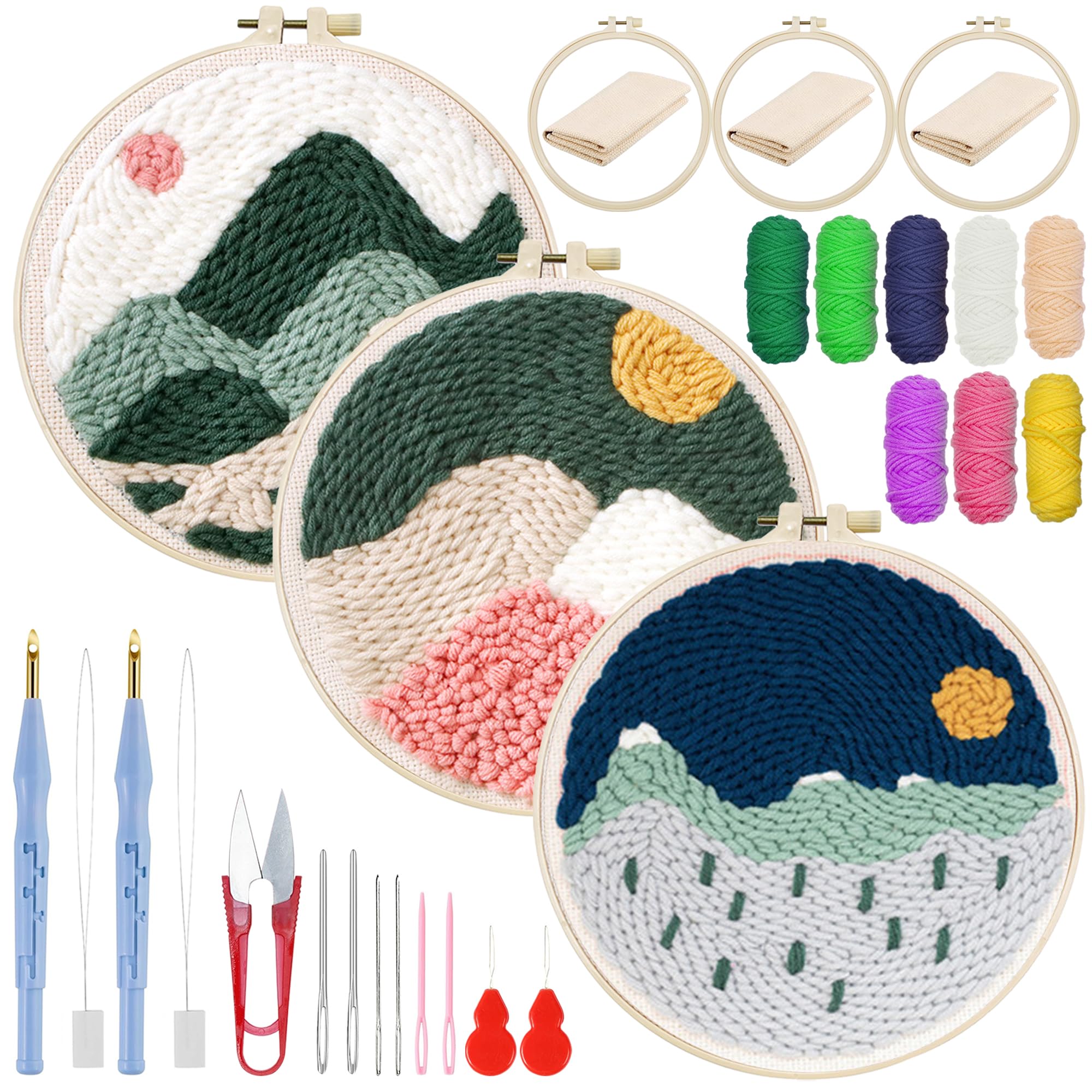 Attuslla 3 Set Punch Needle Embroidery Kits, Punch Needle Kits for Adults Beginner with Color Pattern Plastic Hoop