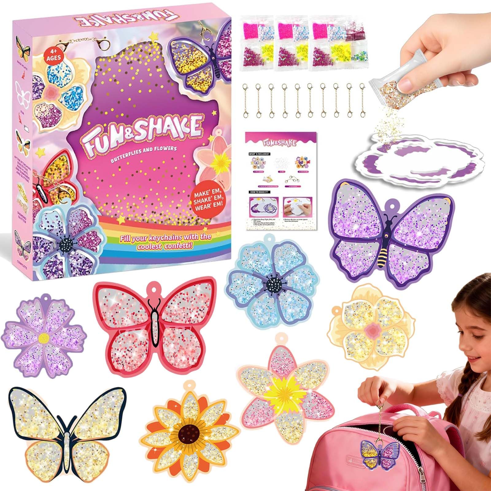 Afufu 10 Glitter Packs Art Craft Kits Girls Toys for Kids Age 3 4 5 6 7 8 9 10, DIY Flowers Butterflies Activity Keychains Mess-Free Fun Art Set, Creative Activities Birthday Gifts Party Favours