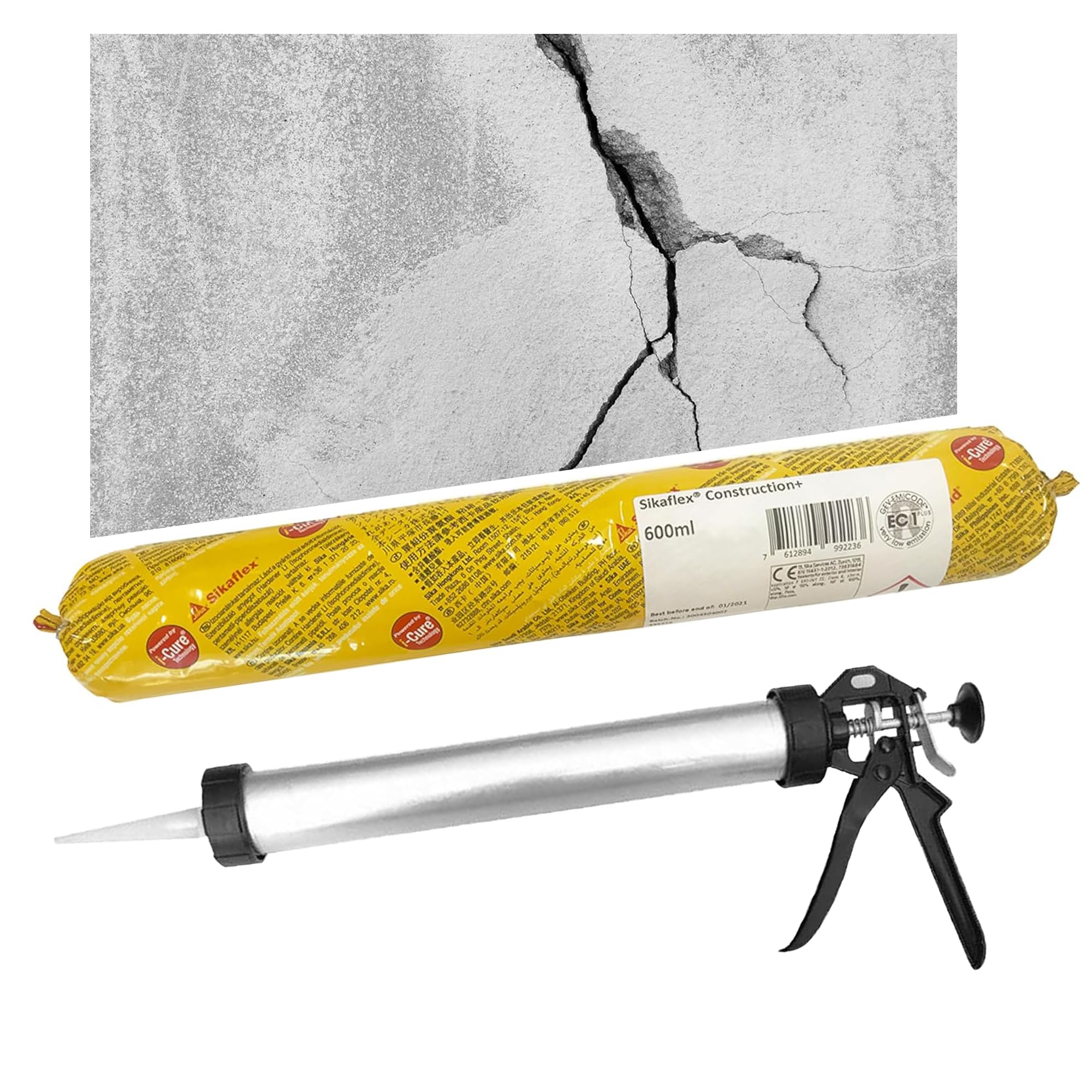 Duravel Sikaflex Multipurpose Elastic Sealant and Caulking Gun, Pre-Mixed Sausage Tube, Moisture-Curing, Weather Resistant, 600ml Grey