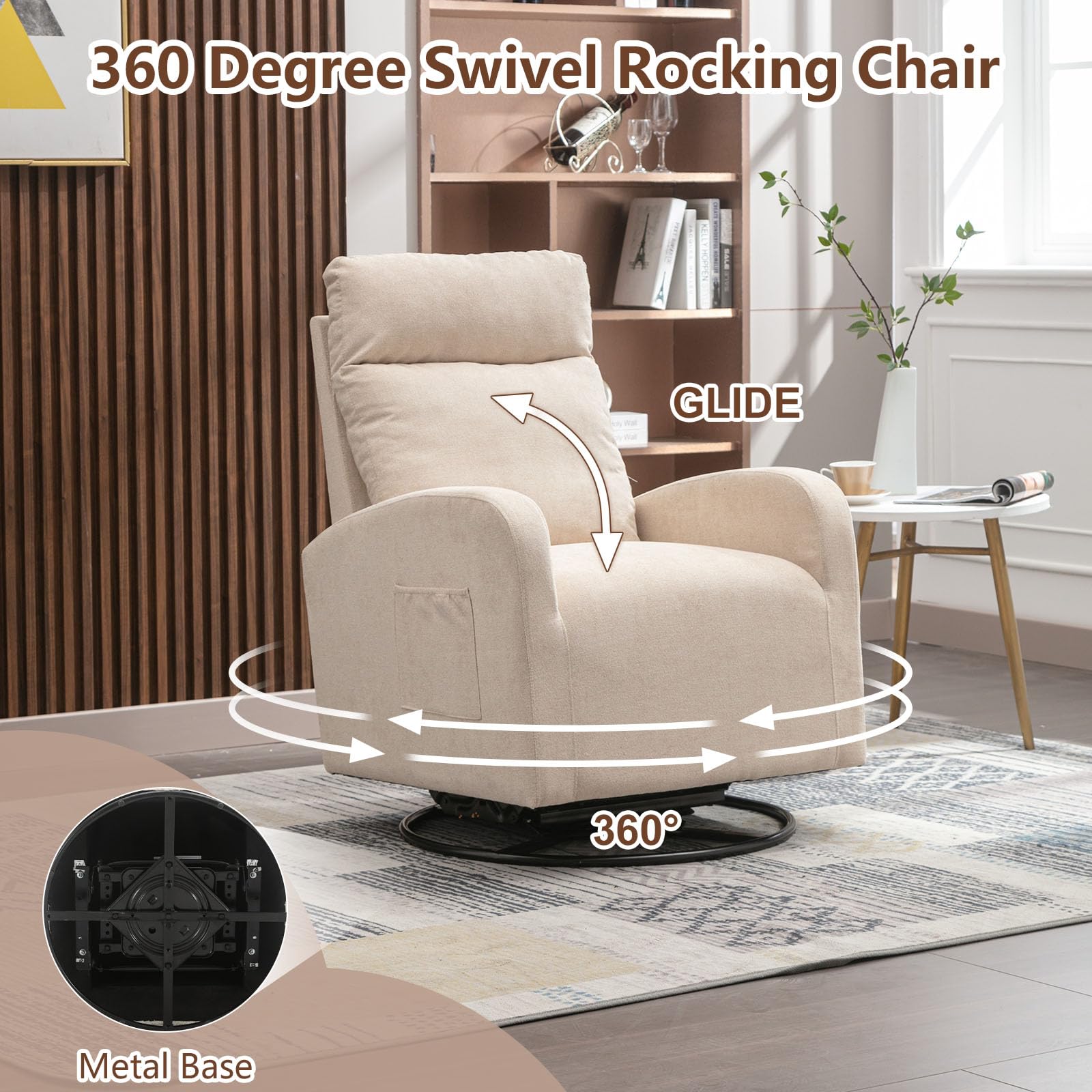 LUCKHAO Mecedora giratoria, sillón giratorio de deslizamiento para guardería, tapizado de tela de tilo, sillas mecedoras modernas con respaldo alto para guardería, dormitorio, sala de estar (beige)