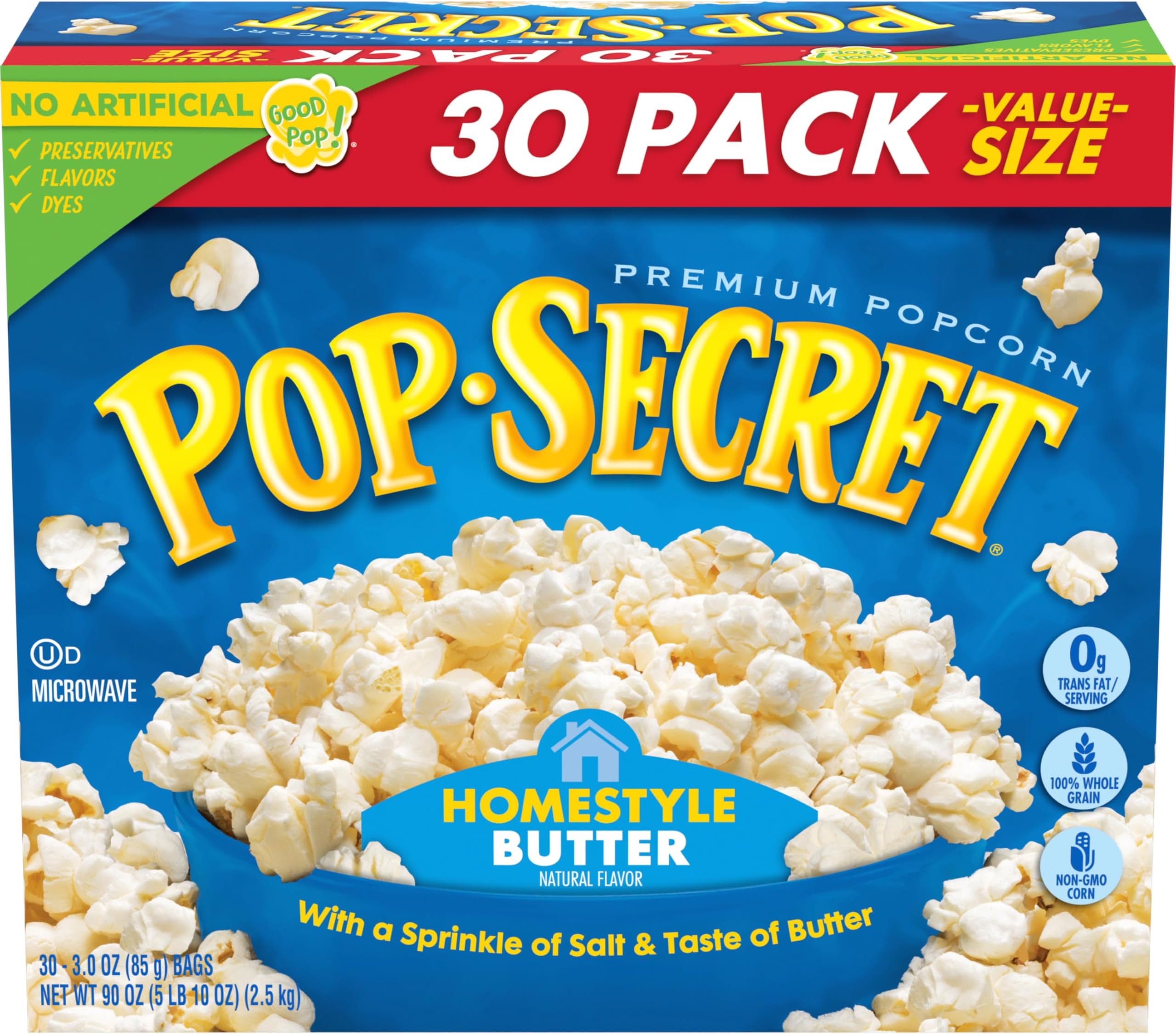 Pop Secret Microwave Popcorn, Homestyle Butter Flavor, 3 Ounce Sharing Bags, (Pack of 30)