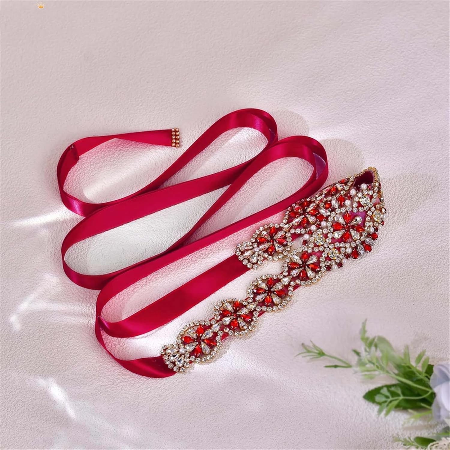 Women’S Red Gemstone Crystal Wedding Belt Luxury Handmade Rhinestone Sash For Burgundy Prom Dresses Waist Accessories