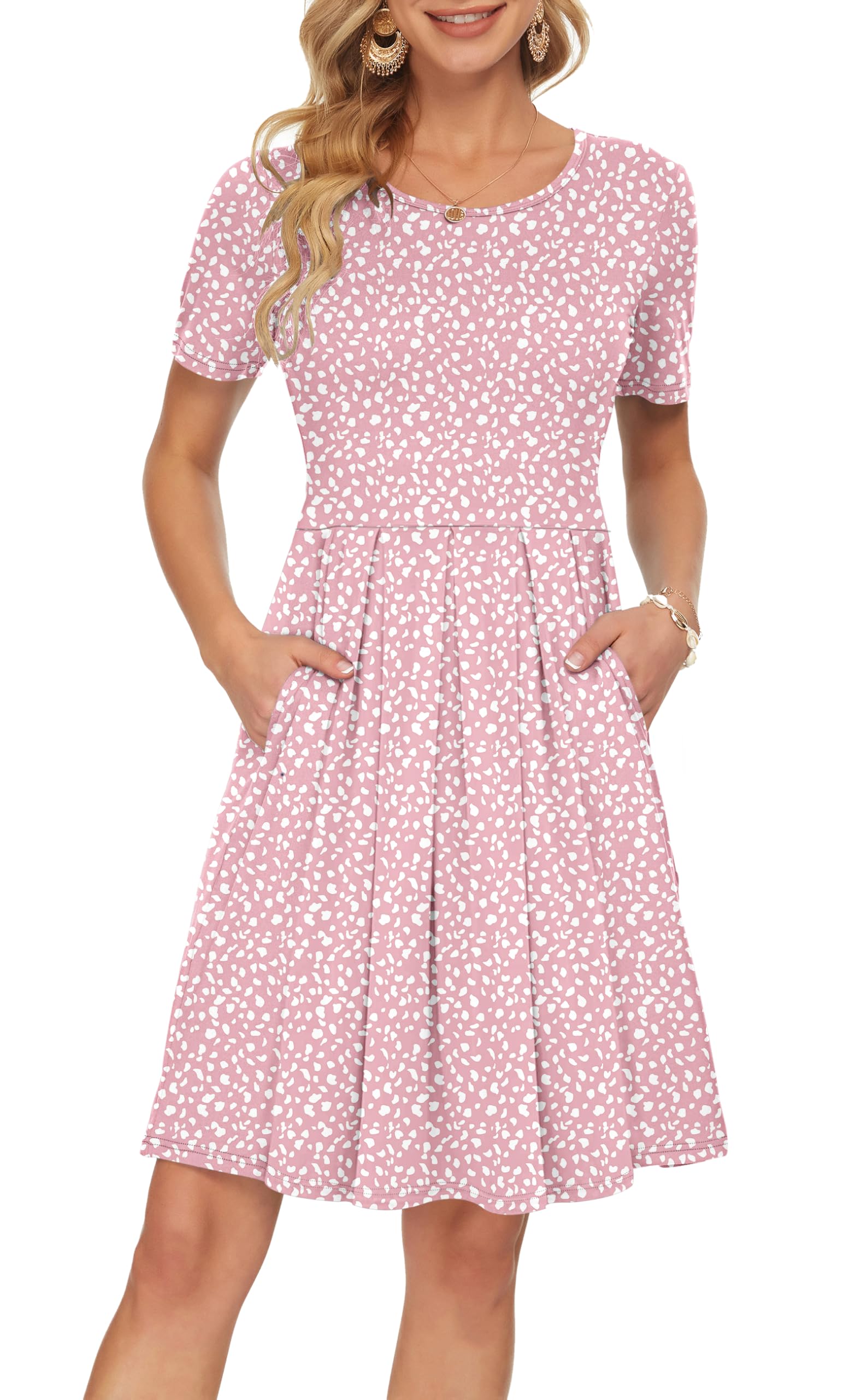 AUSELILY Women's Short Sleeve Pleated Swing Summer Dress with Pockets