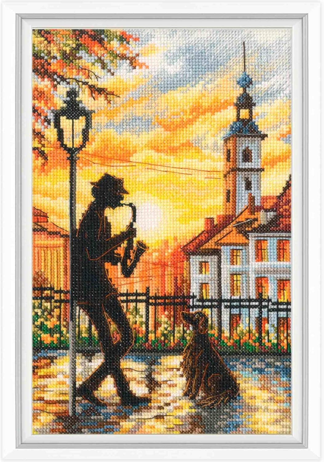 RTO Counted Cross Stitch Kit Morning Jazz Musician M1059, 16x23,5 cm / 6.3"x9.3", DMC Threads, White Aida 14ct, DIY Embroidery kit