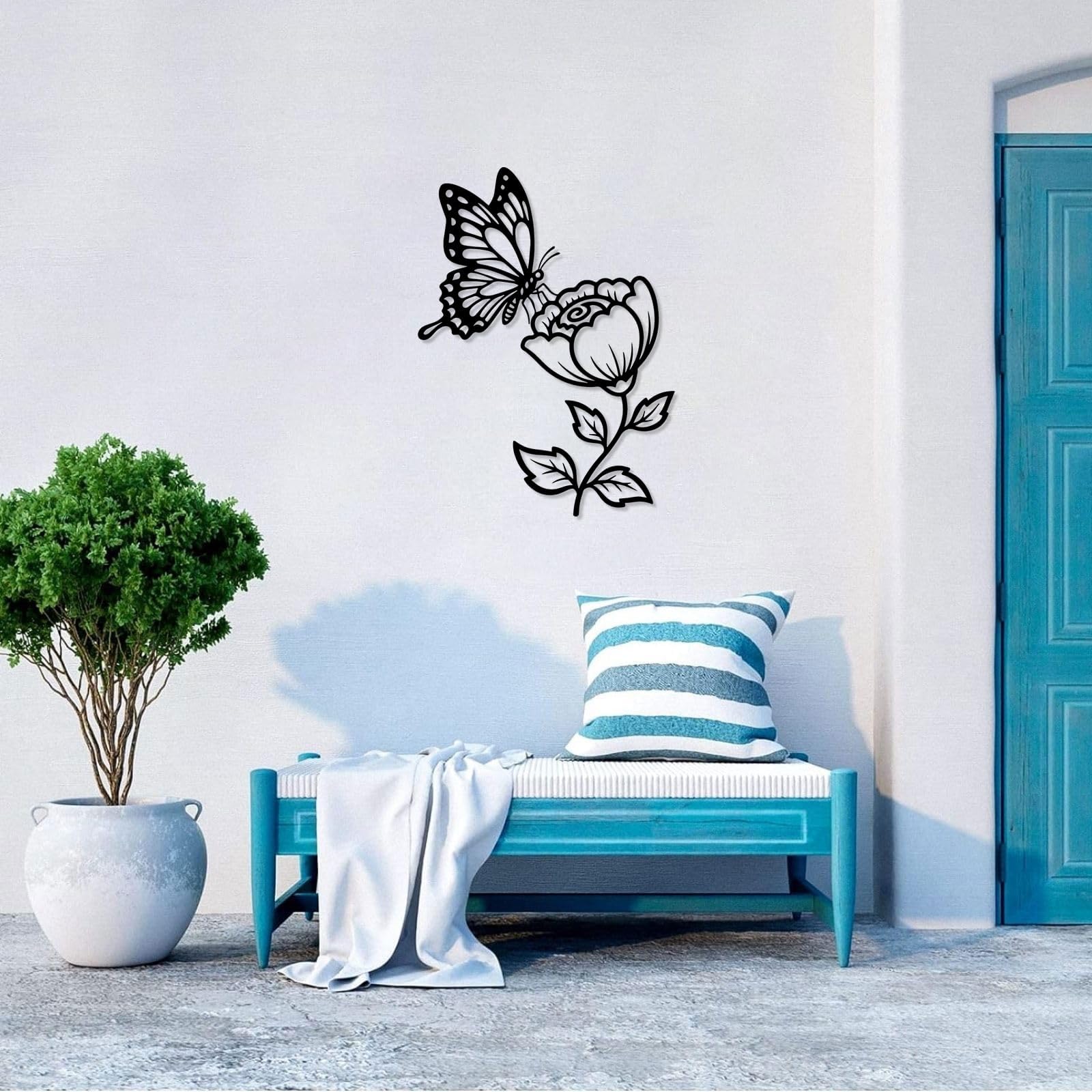 Dekoracja ścienna do salonu, dekoracja wisząca do domu (61 cm) | Motyl na kwiatku metalowa sztuka ścienna dekoracja ścienna metalowa dekoracja zewnętrzna