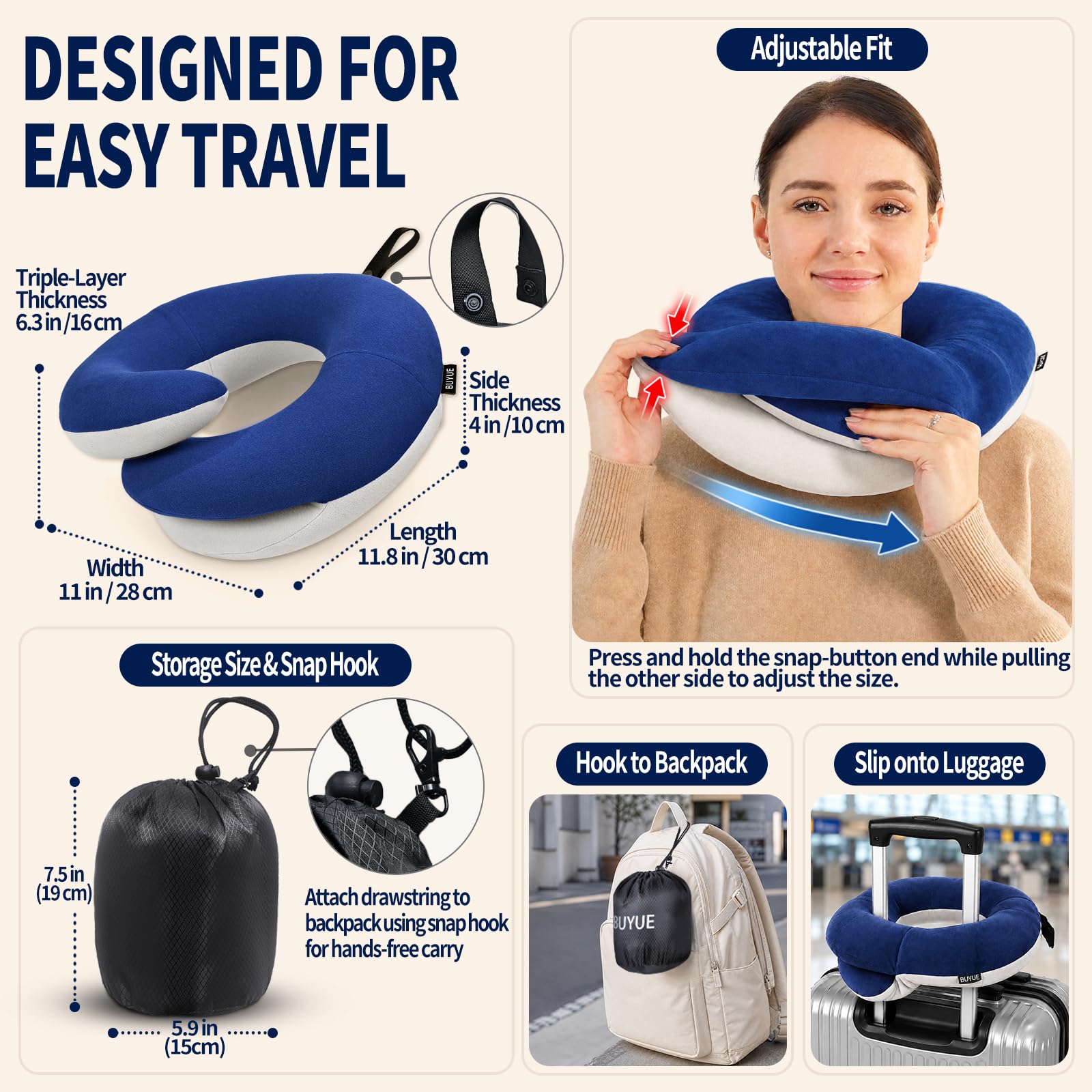 BUYUE Cojín cervical de viaje para aviones, reposacabezas 360° para dormir durante vuelos largos, kit con antifaz para los ojos 3D perfilado, tapones para los oídos y bolsa de almacenamiento (Adultos