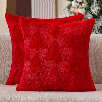 Allorry Christmas Pillow Covers 18x18 Set of 2 Red Double Christmas Tree Decorations Pillow Covers Soft Plush Faux Fur Decor for Xmas Winter Holiday Home Bedroom Sofa Cushion Cases PT-016B18