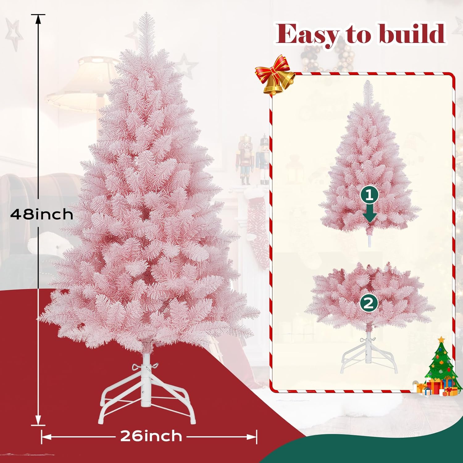 4FT Pre-Lit Pink Pencil Flocked Christmas Tree, 100 LED Spruce Tree with 186 PVC Flocked Tips, 8 Lightning Modes, Hinged Design Foot Pedal Control Pink Xmas Tree for Holiday Home & Office