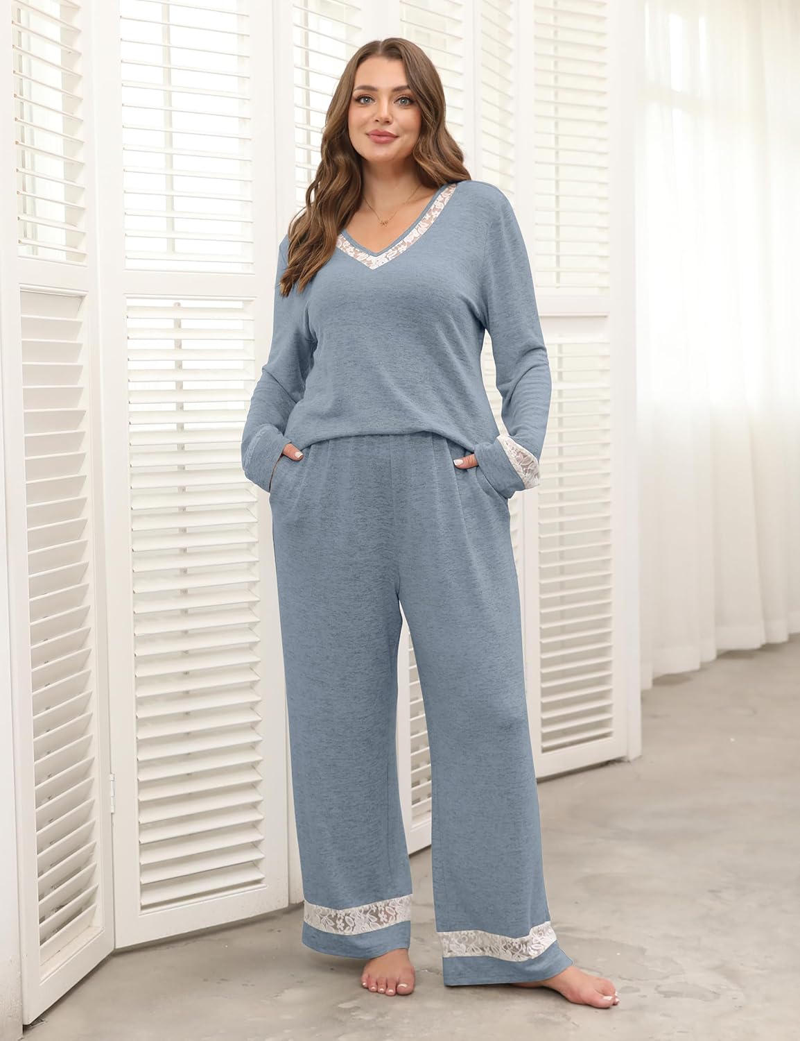 Blooming Jelly Women Plus Size Pajamas Sets Cute Lace Lounge Set Long Sleeve Pj Sets V Neck Loungewear Fall Outfit - Image 5