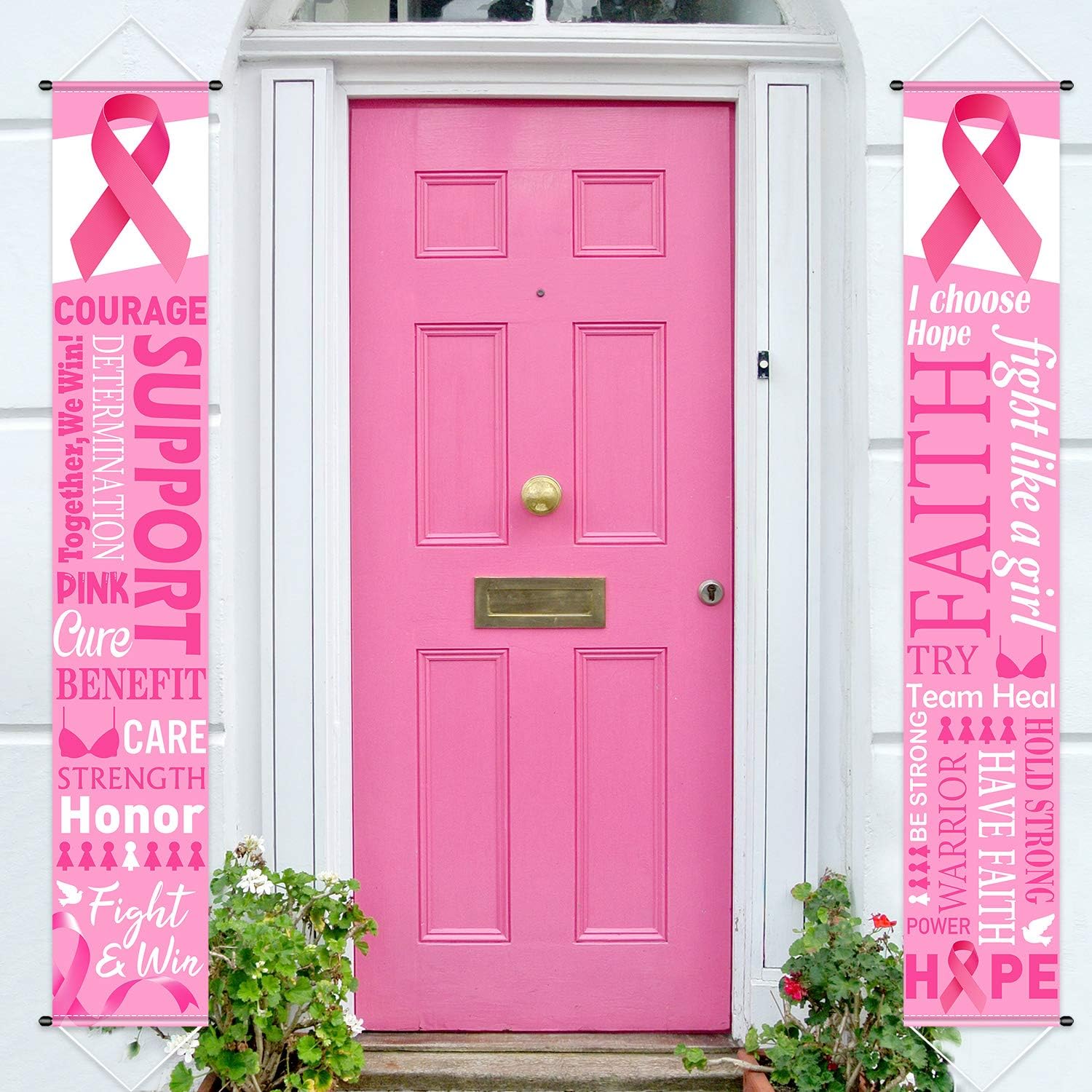 BluluLarge Pink Ribbon Party Decoration Breast Cancer Awareness Banner Porch Sign Survivor Gifts Hope Strength Courage Faith Backdrop for Pink Ribbon Breast Cancer Free Party Accessories, 11.8 x 72 Inch