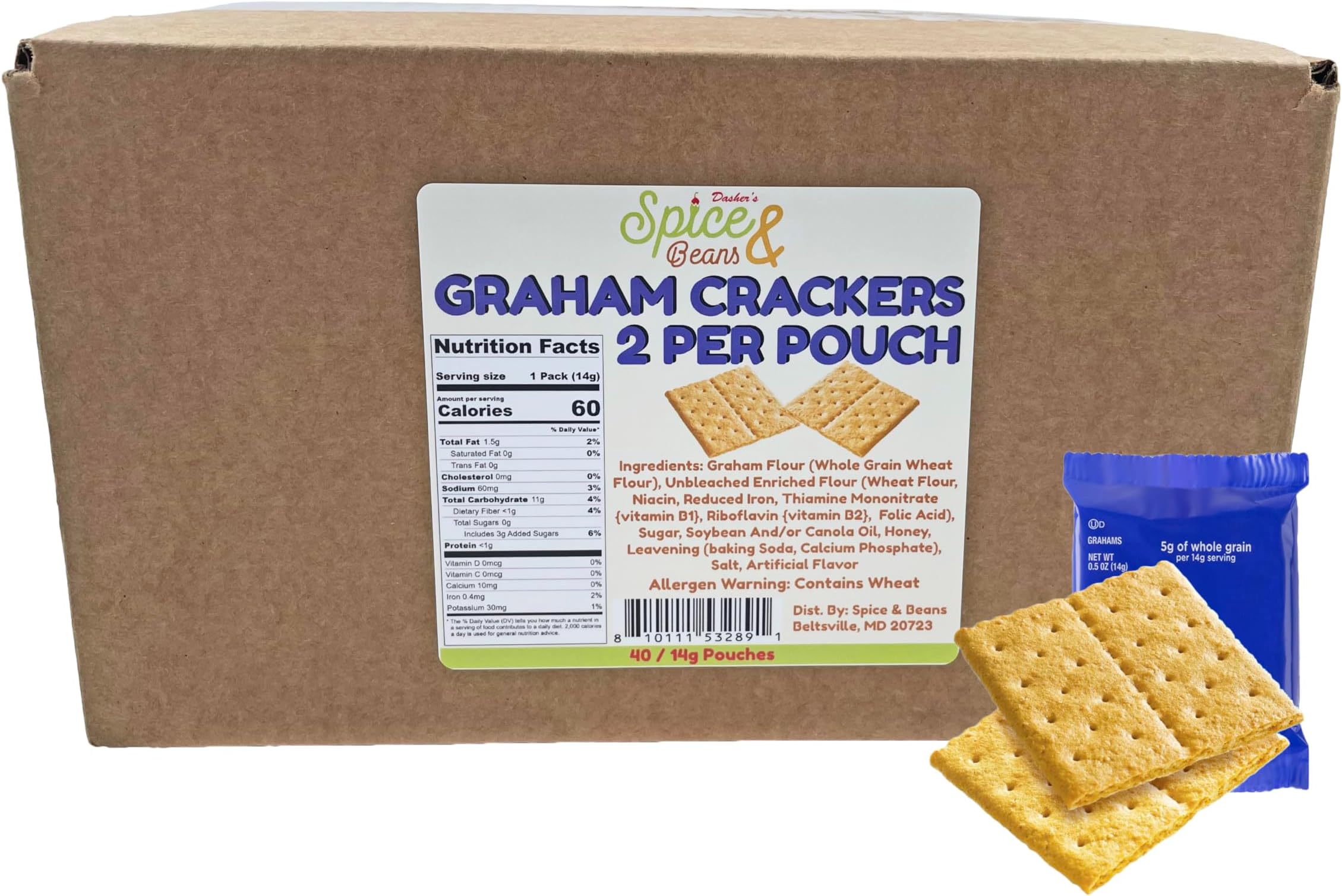 Graham Crackers, Portion Packaged in Twin Packs (40/2packs, 80 crackers total), by Dasher's Spice & Beans