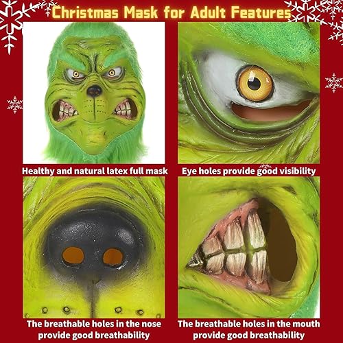 Miniatura 5 de Blafly Máscara de Navidad para adultos, hombres y mujeres, máscaras realistas de látex de monstruo grande verde, divertidas máscaras de Halloween,
