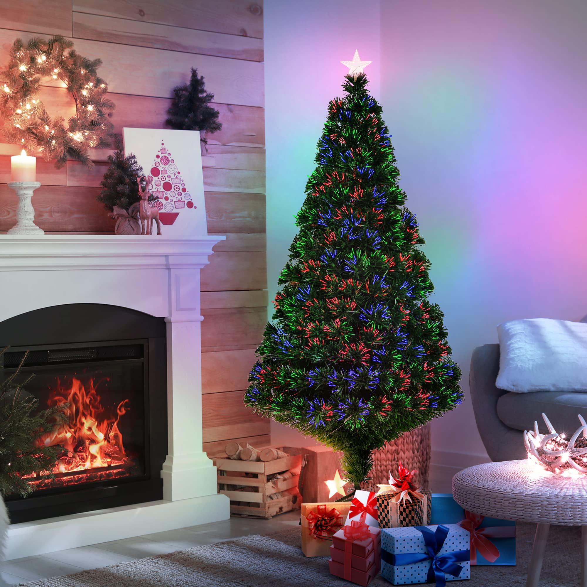 HOMCOM Árbol de Navidad 150cm con Soporte Fibra Óptica LED Multicolor
