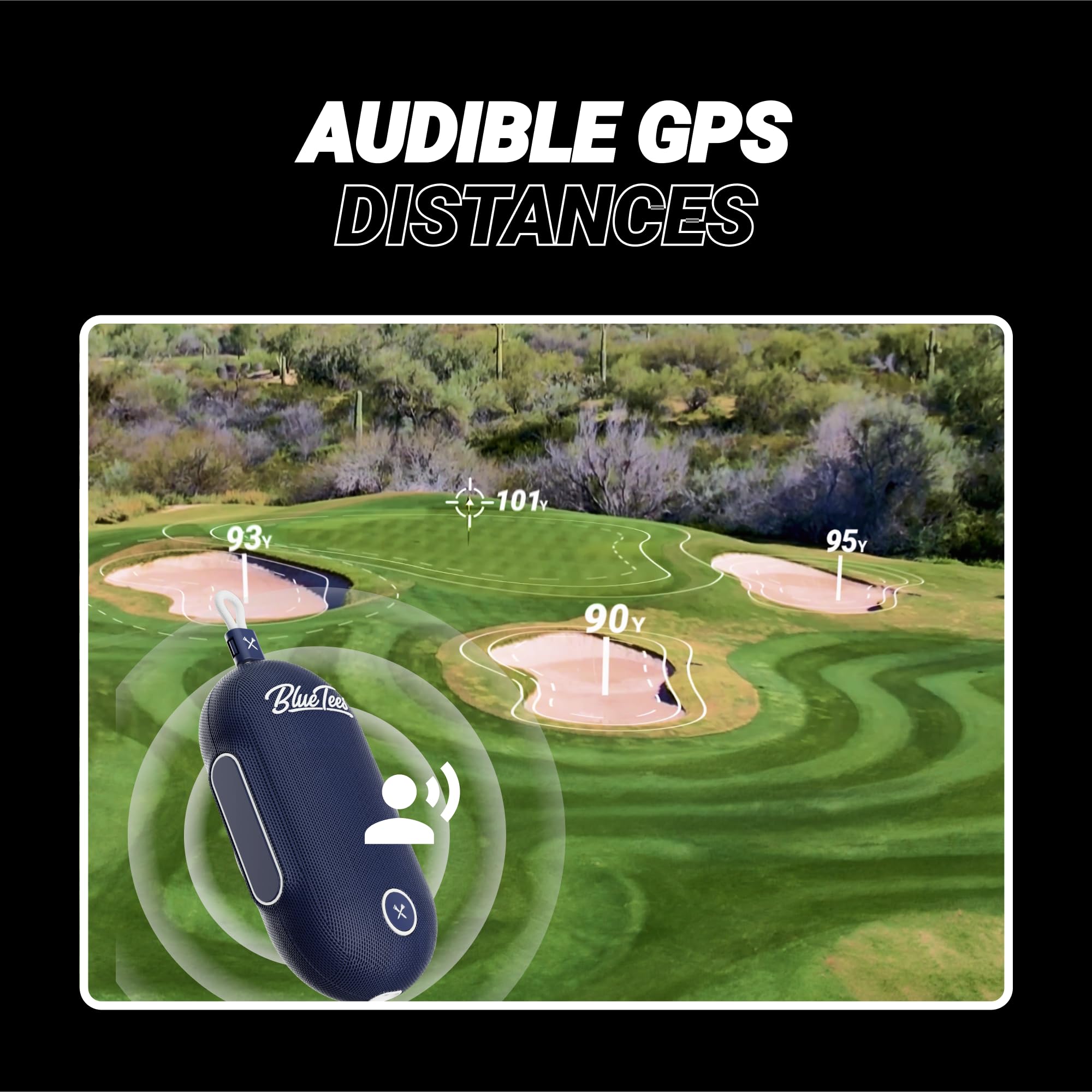 Blue Tees Golf Player Go - Kompakter GPS-Lautsprecher, Bluetooth-Musik & Audible GPS-Entfernungen, automatische Kurserkennung, IPX7 wasserdicht, 40.000+ vorinstallierte Kurse, 16+ Stunden Akku,