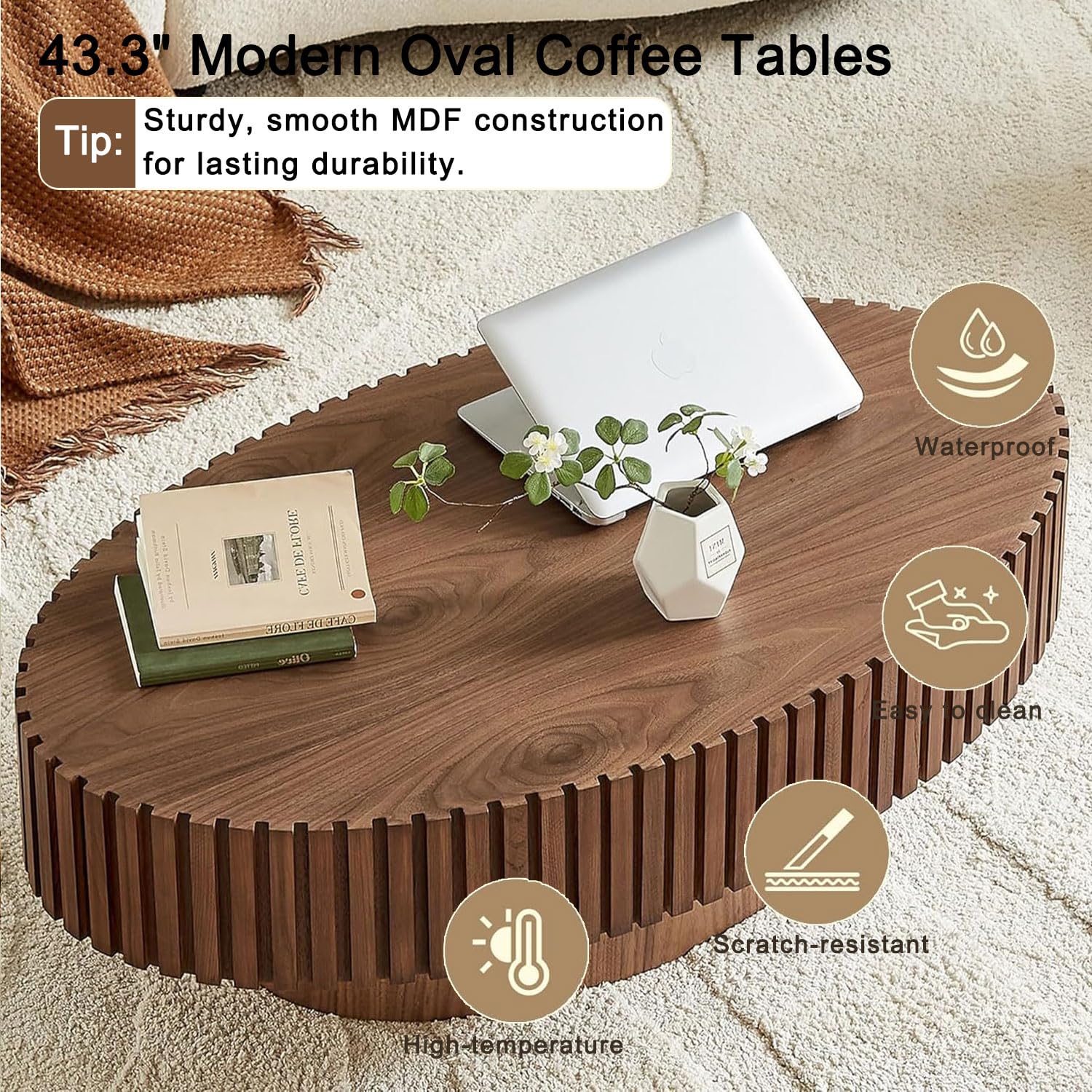 110 cm Mesa de Centro Ovalada, Nogal | Diseño de Madera Estriada, Moderno de Mediados de Siglo - Mesa Central para Salón, Apartamento - Montaje Sencillo