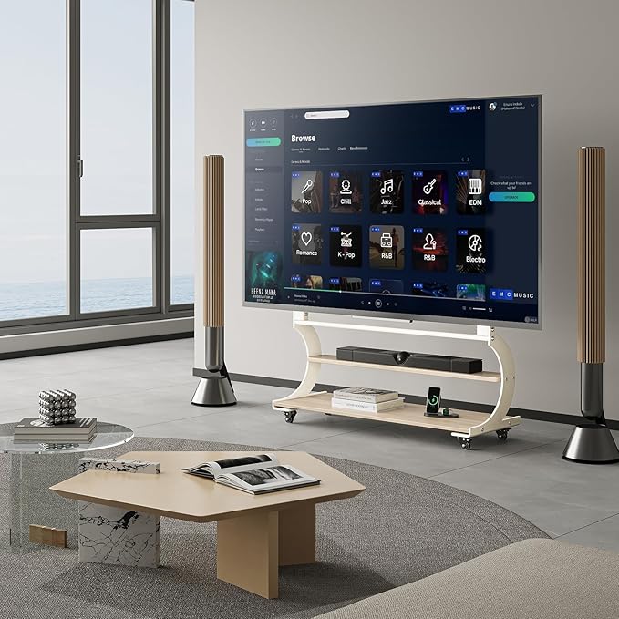 Soporte para TV rodante para TVs de 50-100 pulgadas, estante de madera, ruedas, ajustable, blanco marfil miniatura 7