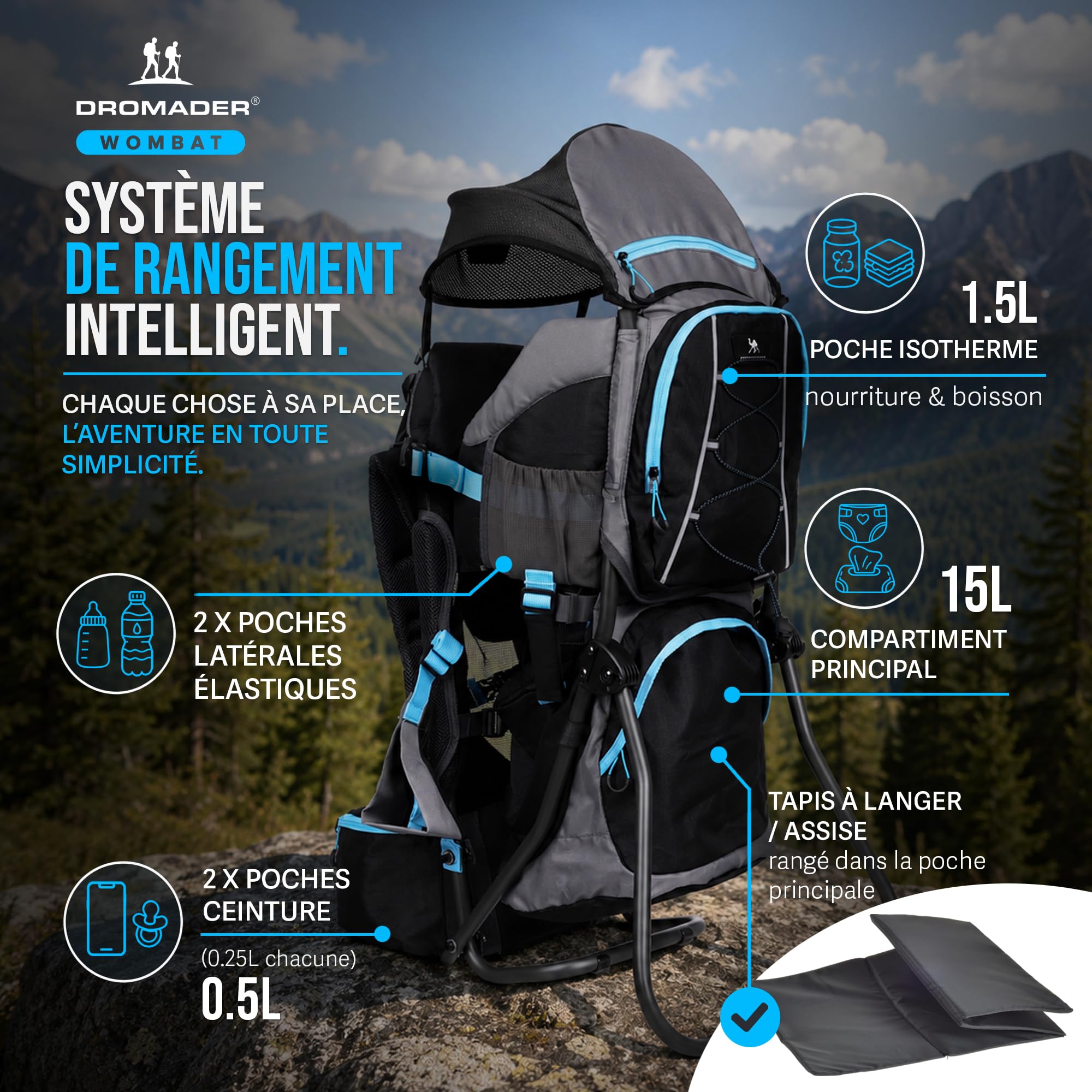 DROMADER Porte-Bébé Randonnée - Sac à Dos Porte Bébé Confortable Dorsal jusqu'à 22kg avec Pare-Soleil, Protection Pluie, Poche Isolante, Matelas à Langer - Cadre Pliable à Une Main - Noir et Bleu