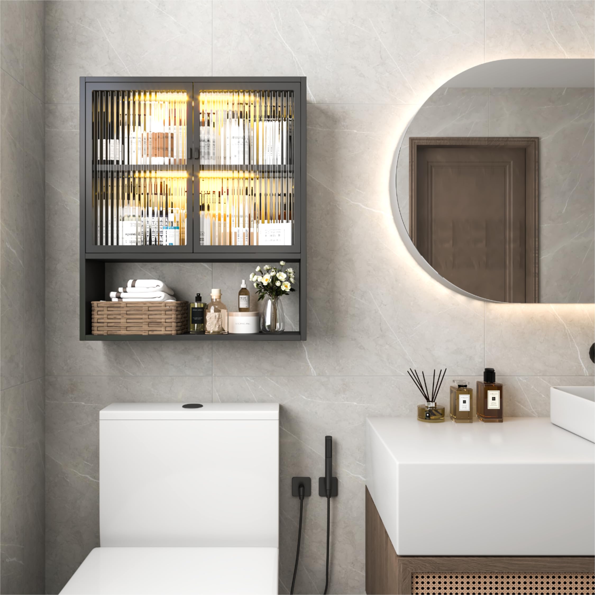 DUTYSEST Bathroom Wall Cabinet, Metal Medicine Cabinet with Glass Doors, Wall Mounted Storage Cabinets, Wall Cabinets for Bathroom Storage, Kitchen, Laundry Room (Including 2 LED Lights)